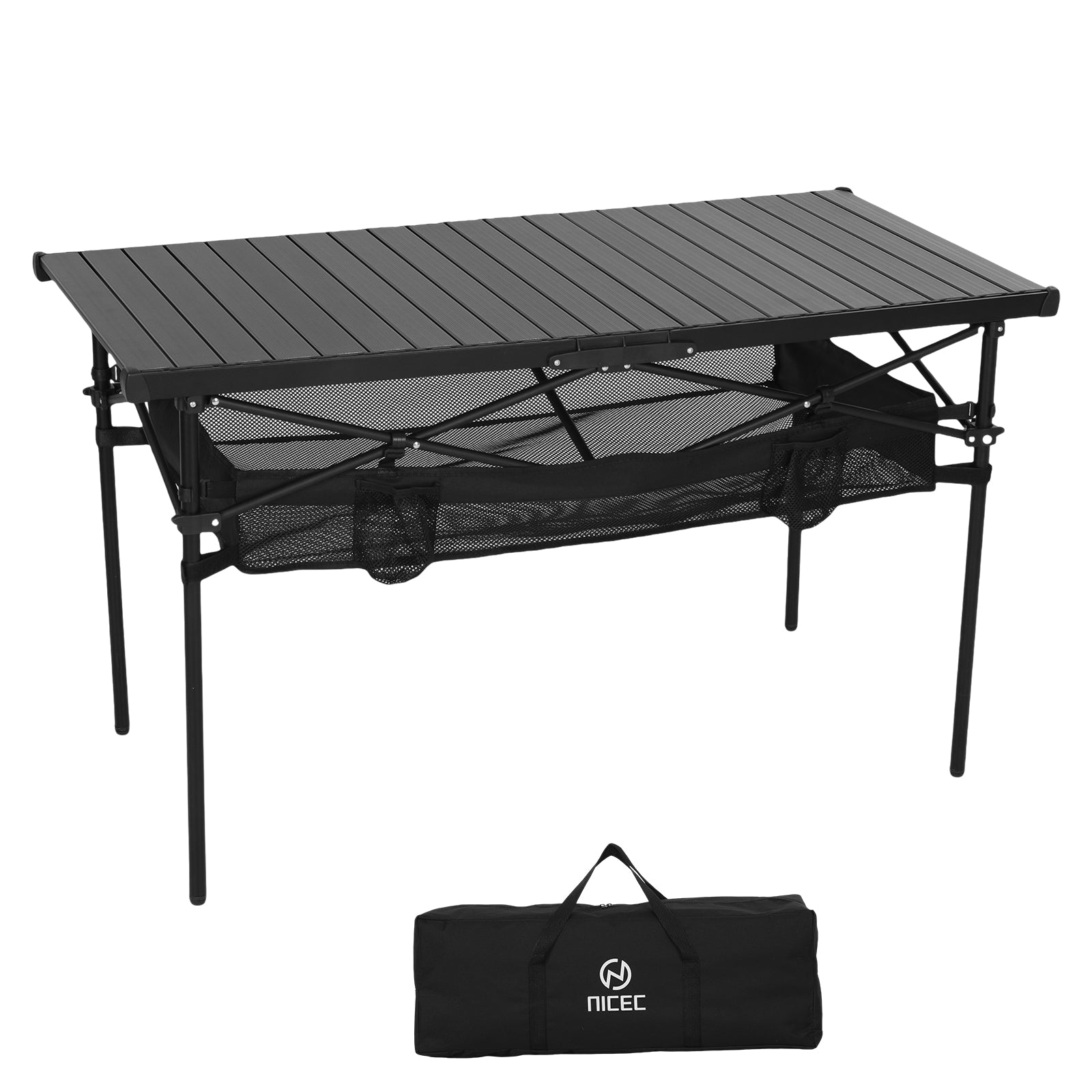 Nice C Portable Folding Camping Table – Lightweight Aluminum with Mesh Net & Cup Holder (Black)