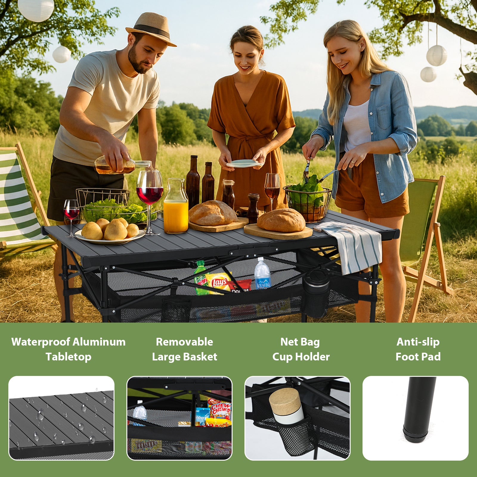 Nice C Portable Folding Camping Table – Lightweight Aluminum with Mesh Net & Cup Holder (Black)