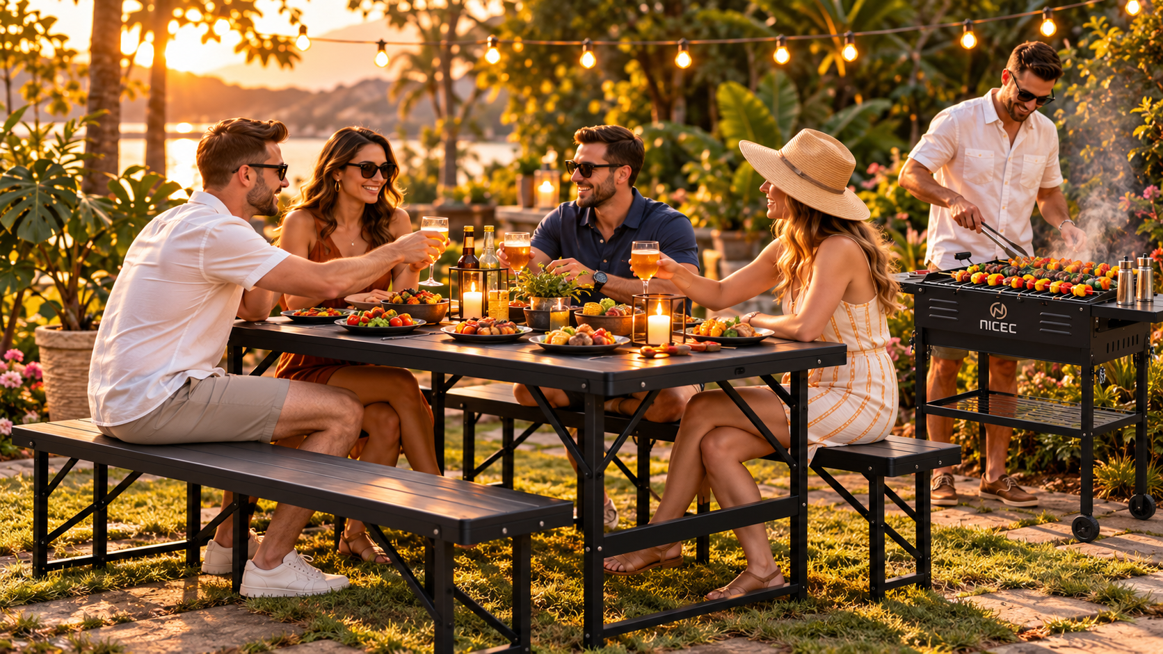 Friends enjoying an outdoor dinner under warm string lights