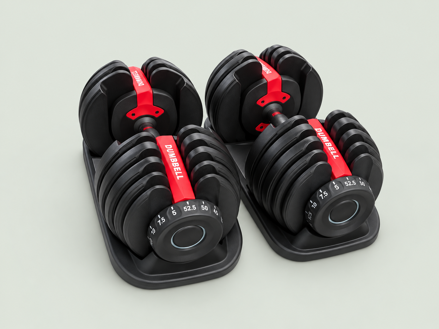 Black and red adjustable dumbbells with weight selector dials