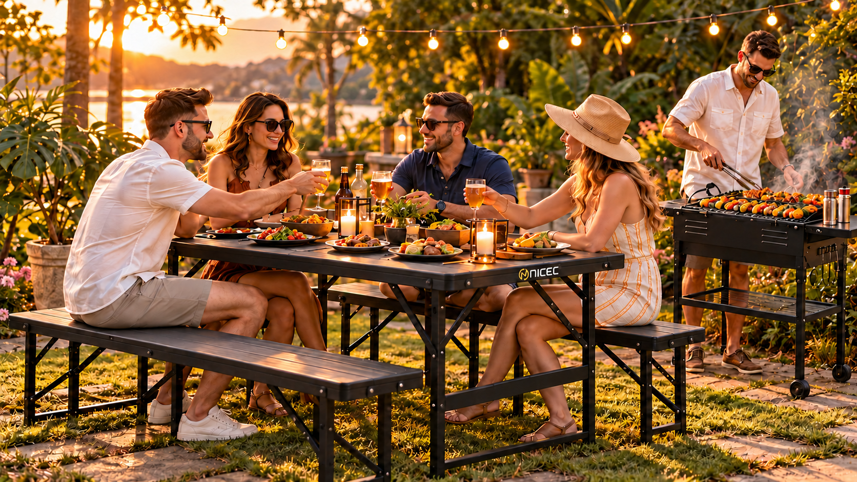 Friends enjoying an outdoor dinner under warm string lights