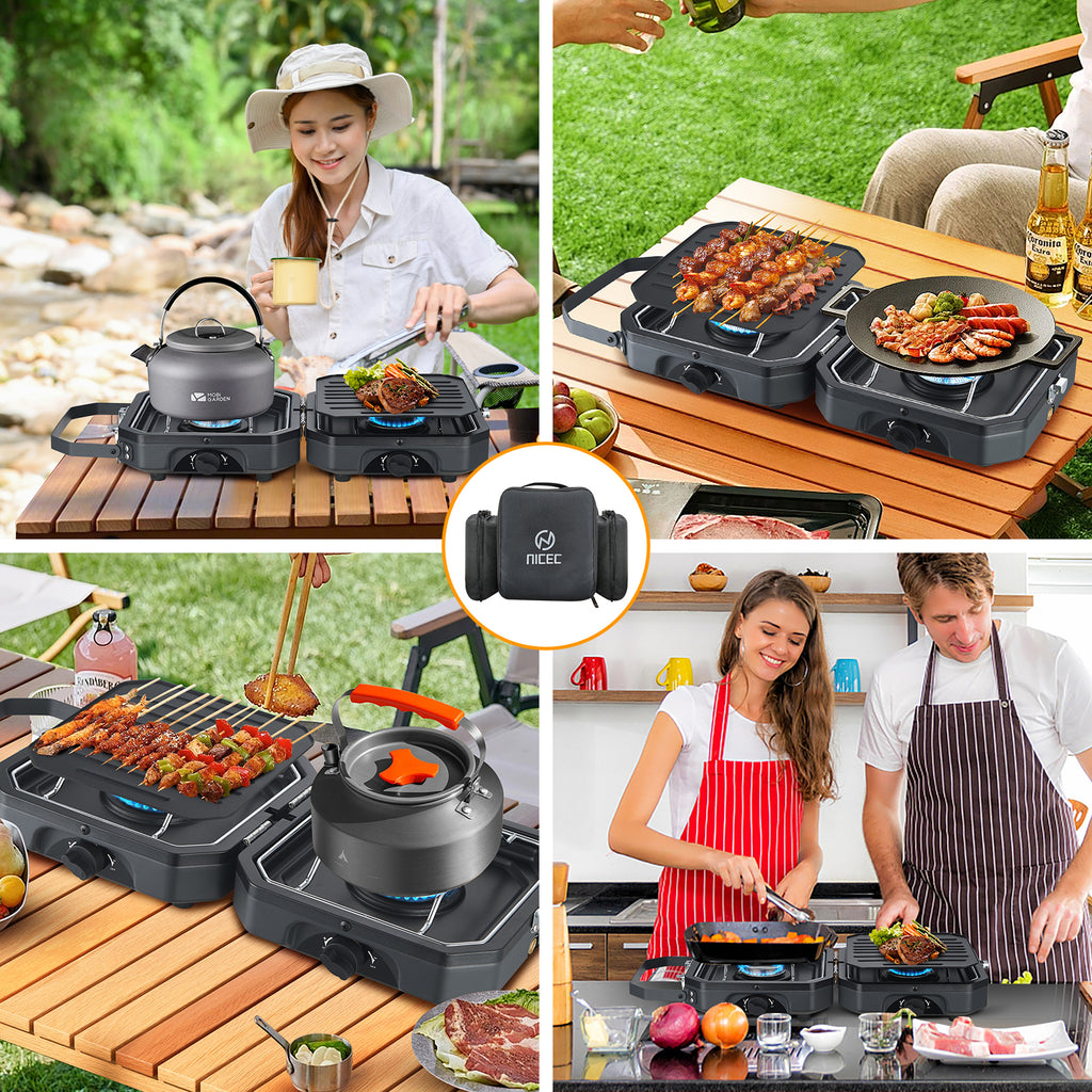 Nice C Camping Stove, Portable 2 Burner Propane Gas Stove | Mini Propane Grill, 16000 BTU Camp Stove, Dual Burner Grill, Carry Bag, Portable Outdoor Cooking, Camping