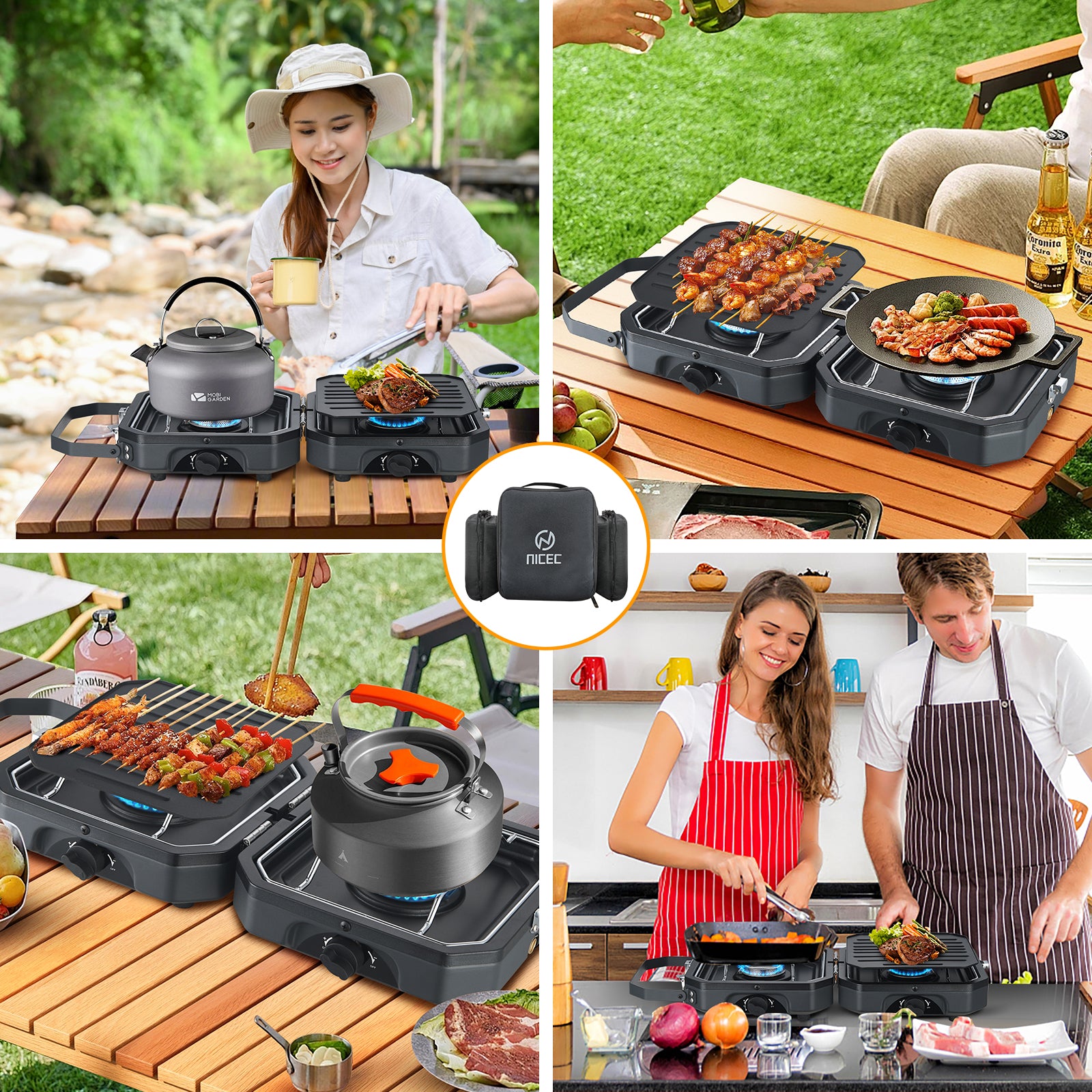 Nice C Camping Stove, Portable 2 Burner Propane Gas Stove | Mini Propane Grill, 16000 BTU Camp Stove, Dual Burner Grill, Carry Bag, Portable Outdoor Cooking, Camping