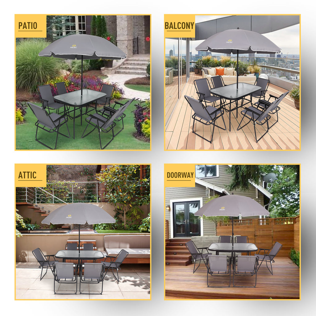 Nice C Outdoor Dining Sets, Patio Furniture Set, 8 Piece Set with Umbrella, Garden Outdoor Furniture Table Set with Removable Umbrella, Glass Table, and 6 Folding Chairs (Grey)