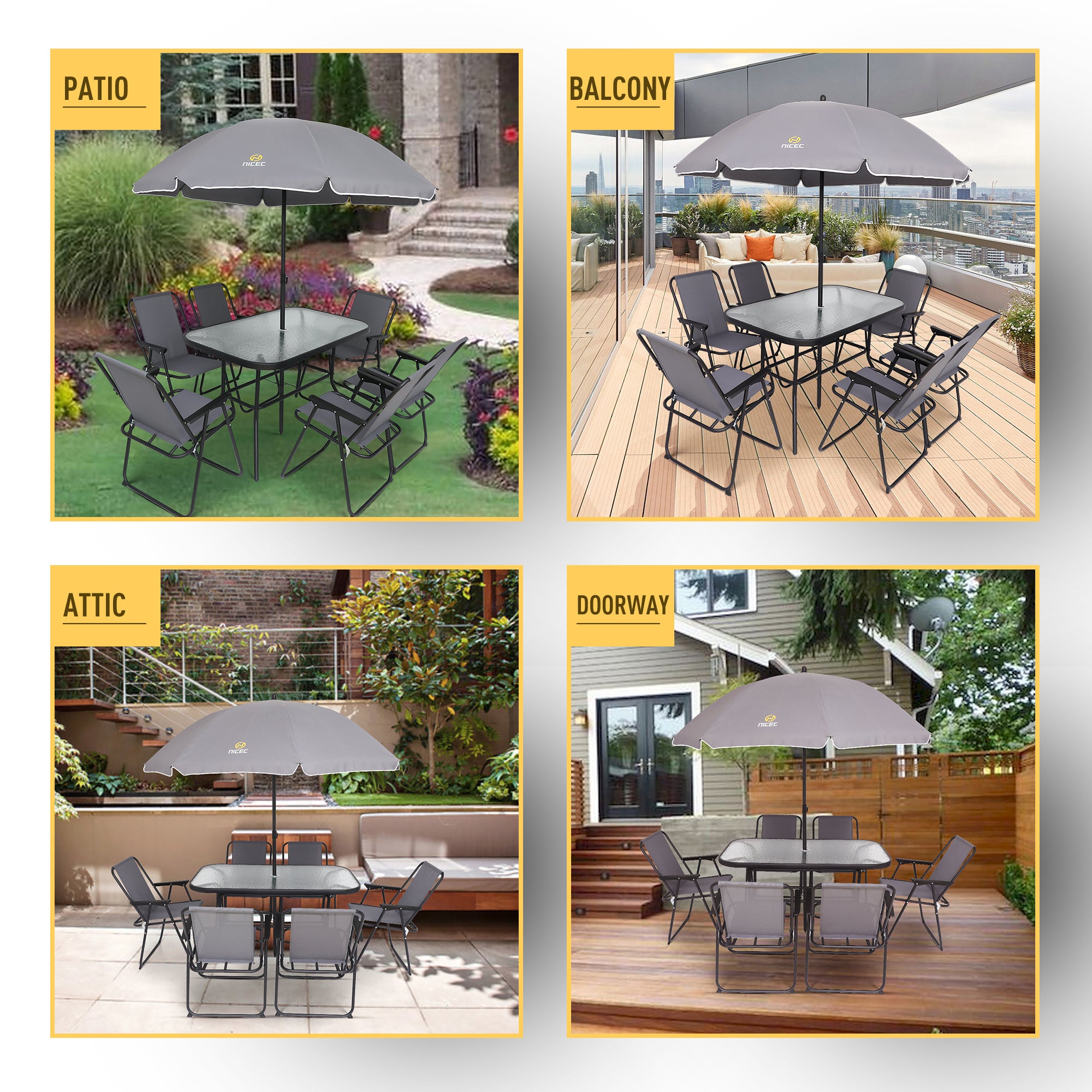 Nice C Outdoor Dining Sets, Patio Furniture Set, 8 Piece Set with Umbrella, Garden Outdoor Furniture Table Set with Removable Umbrella, Glass Table, and 6 Folding Chairs (Grey)
