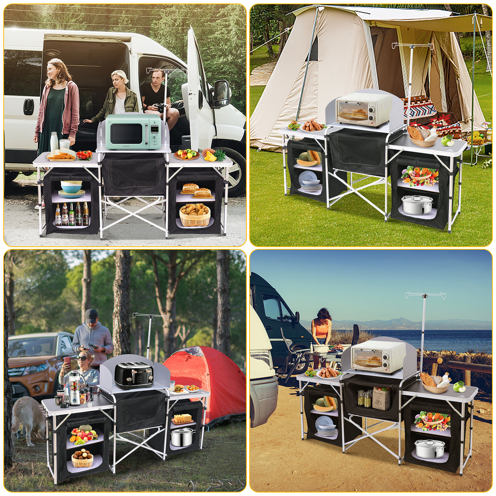Nice C Camping Kitchen Table, Folding Cook Table, Cook Station (Silver) | Portable Grill Table, Upgraded Light Stand, Windshield, 3 Organizers, Carry Bag, Grill, Outdoor, Beach, BBQ, Picnic, Cooking