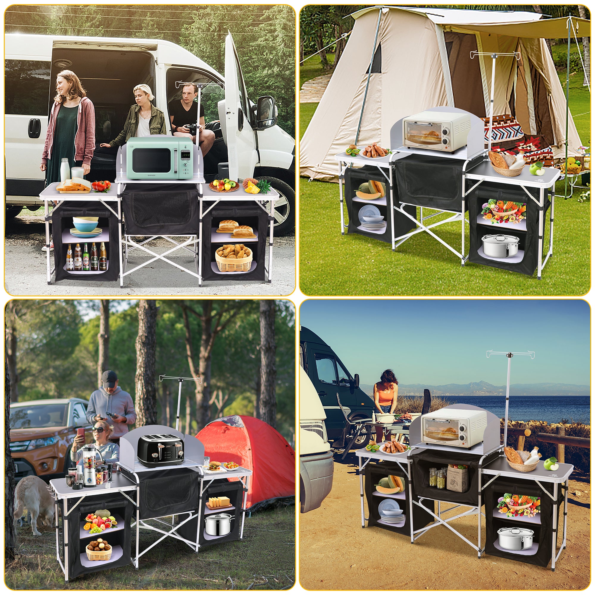 Nice C Camping Kitchen Table, Folding Cook Table, Cook Station (Silver) | Portable Grill Table, Upgraded Light Stand, Windshield, 3 Organizers, Carry Bag, Grill, Outdoor, Beach, BBQ, Picnic, Cooking
