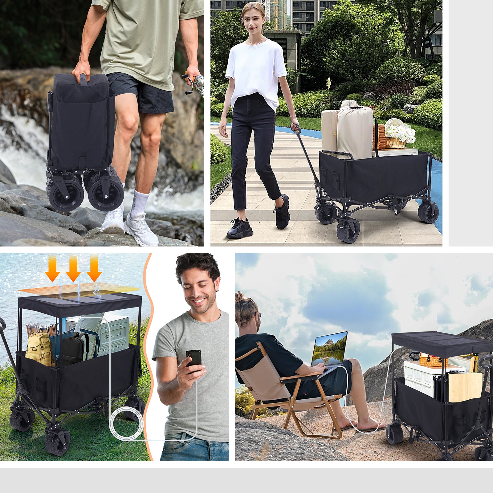Nice C Foldable Wagon with Canopy &amp; 30W Solar Panel – All-Terrain Collapsible Wagon with USB, Type-C &amp; DC Charging