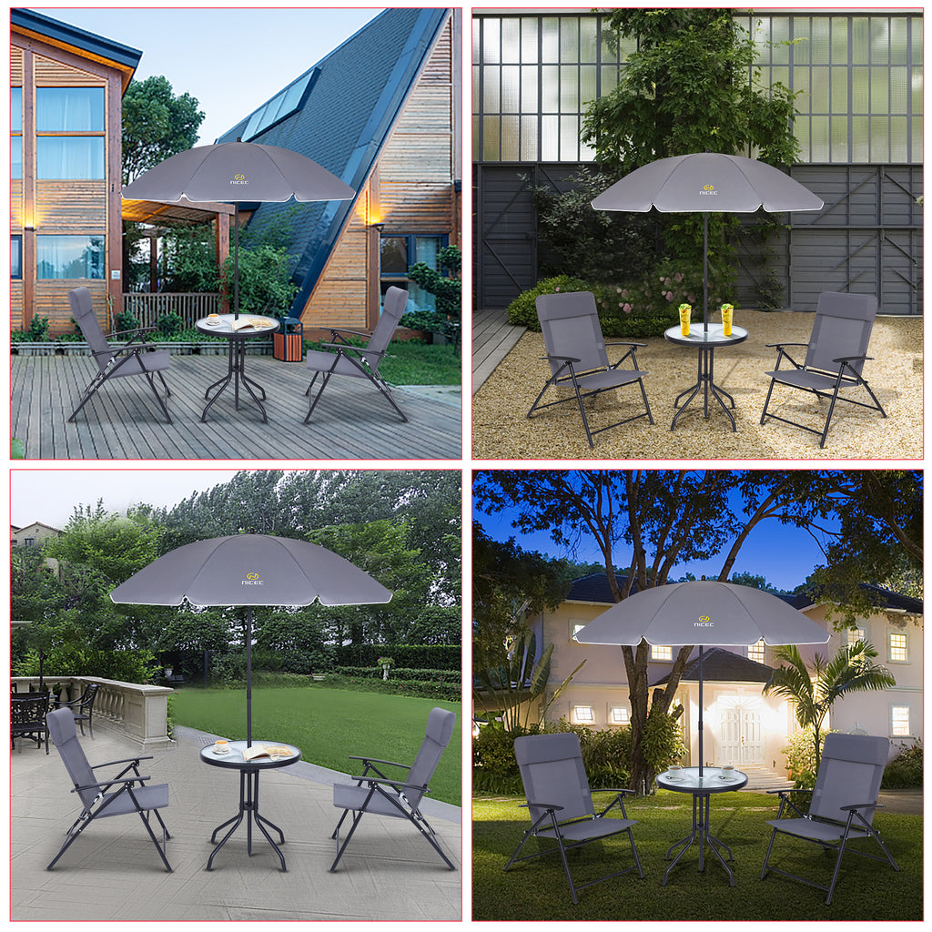 Nice C 4 Piece Patio Furniture Set with Umbrella, Outdoor Dining Set (Grey) | Patio Furniture Set, Patio Table And Chairs, 4-Piece Garden Set, Glass Table, 2 Folding Chairs