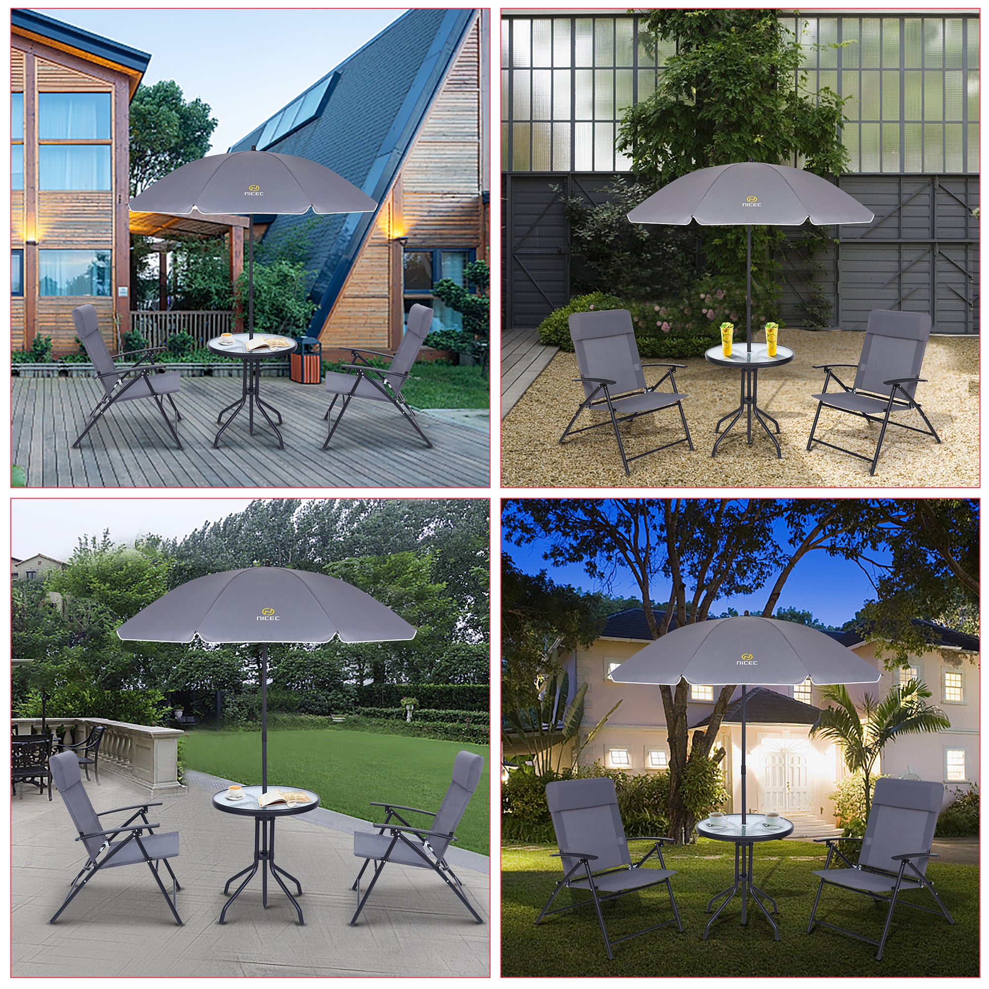 Nice C 4 Piece Patio Furniture Set with Umbrella, Outdoor Dining Set (Grey) | Patio Furniture Set, Patio Table And Chairs, 4-Piece Garden Set, Glass Table, 2 Folding Chairs