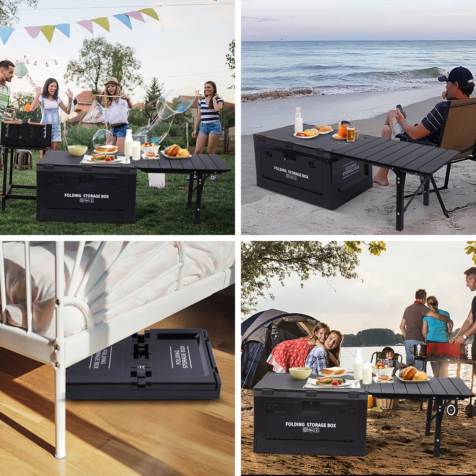 Nice C Folding Table, Storage Bin with Table, Collapsible Storage Box with Table, Organizing Containers Plastic with Wood Lid and 2 Side Doors, Stackable Organizer