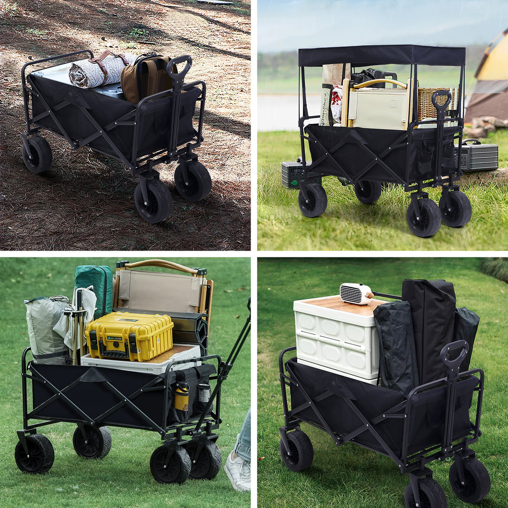 Nice C Heavy Duty Wagon, Collapsible Wagon with Canopy, Black, Steel, 4 Wheels, 33 x 22.4 x 7.6 inches