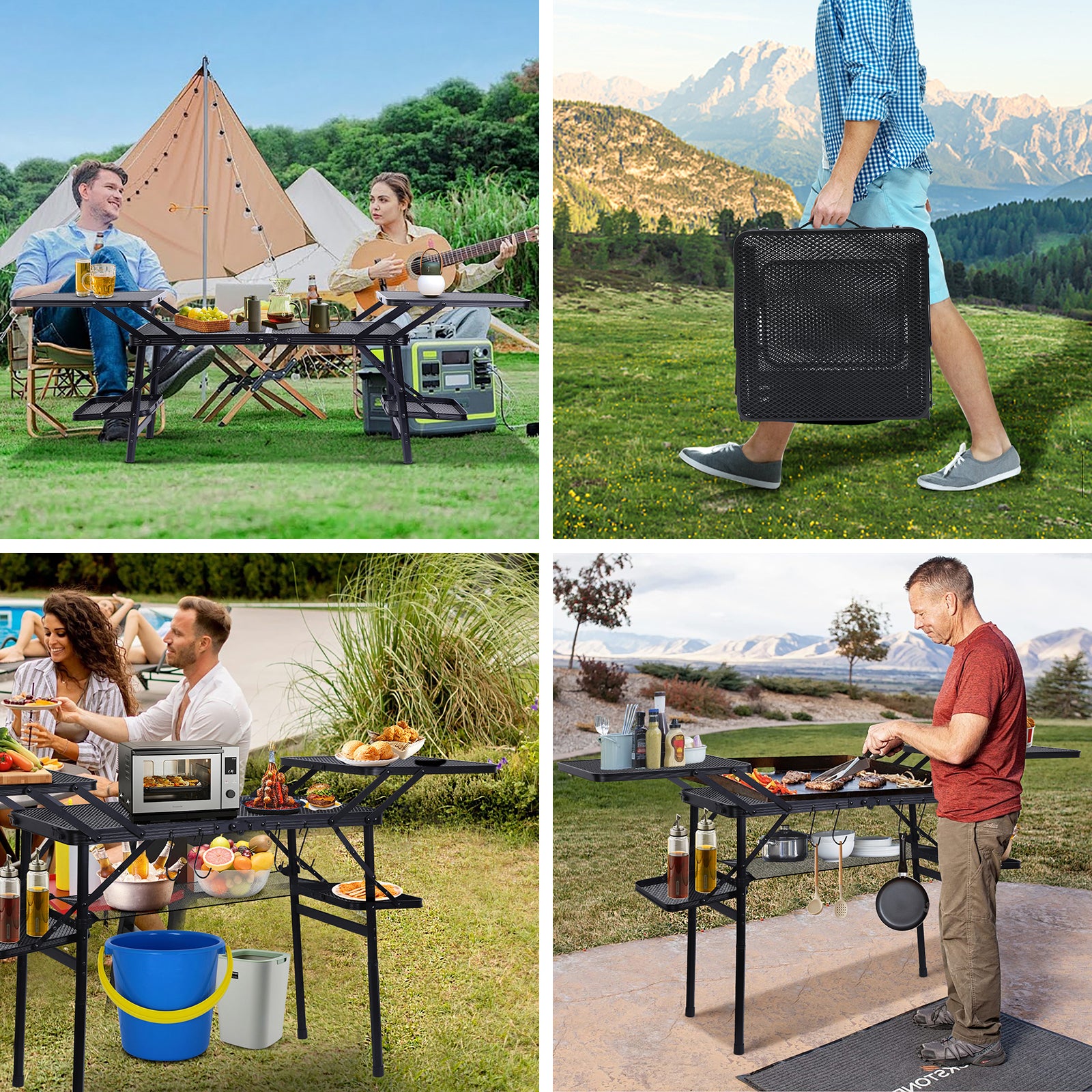 Nice C Camping Metal Table, Compact Outdoor Folding Tailgate Grill Table | Lightweight Fold-Up, 4 Side Tables, Mesh Net, BBQ, Camping, Picnic