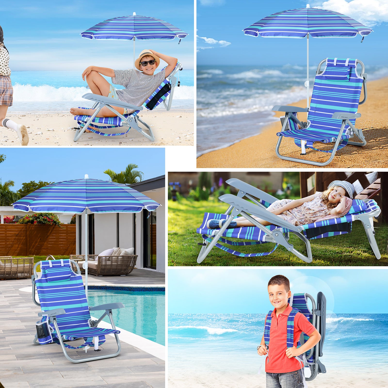 Nice C Kids Outdoor Beach Chair – 5-Position Recline, Backpack Camping Chair with Umbrella &amp; Cup Holder