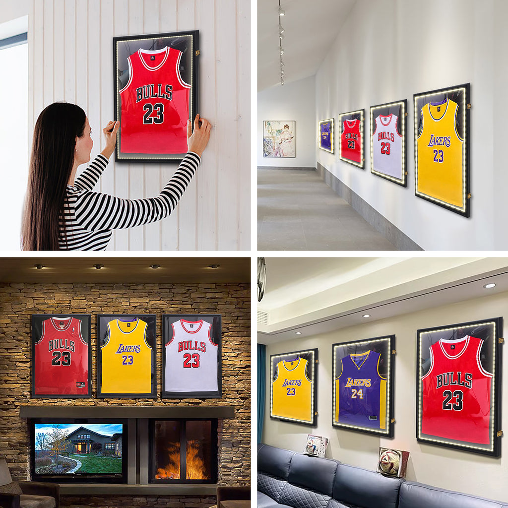 Nice C Lighted Jersey Frame, LED Display Case for Football & Basketball, Valet Pinboard