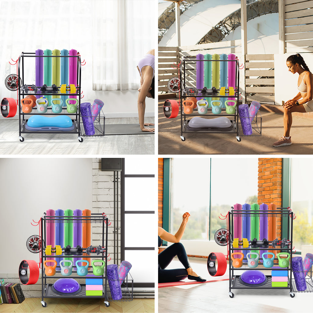 Nice C Outdoor Toy Storage, Garage Organization, Sports Equipment Organizer, Rolling Garage Storage System, Ball Storage Rack, Yoga Mat Storage with Hooks and Basket (3-Layer-Curved)