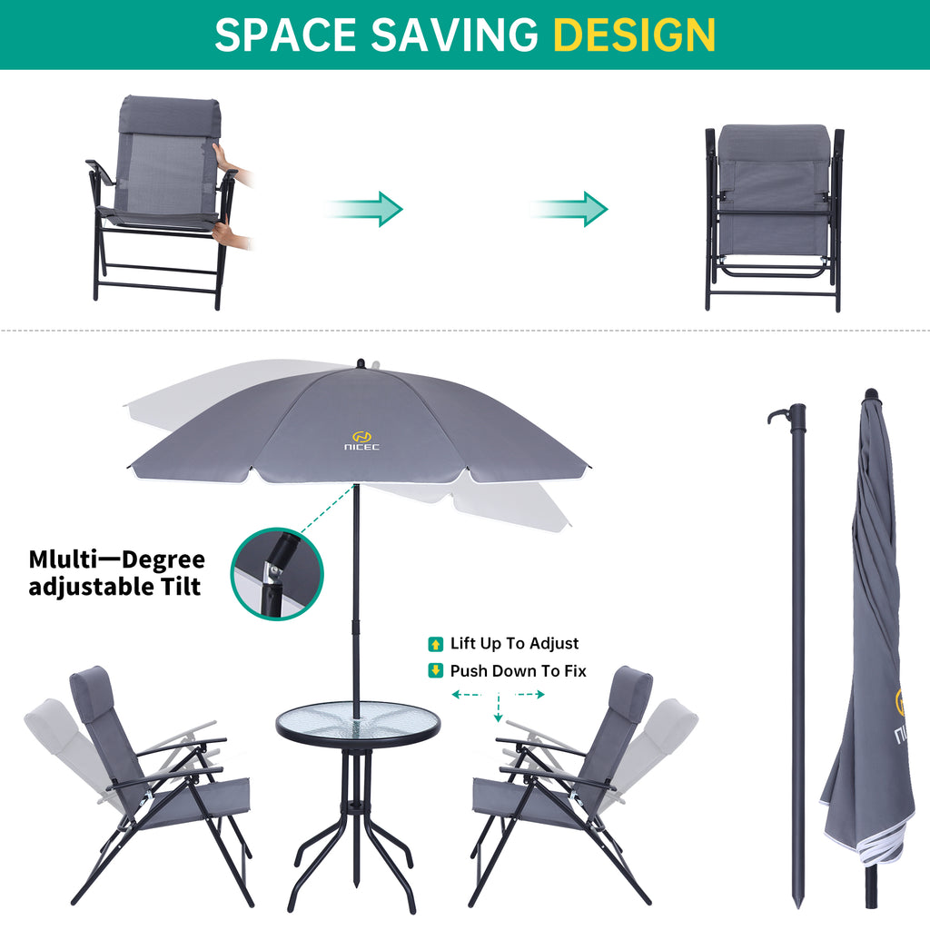 Nice C 4 Piece Patio Furniture Set with Umbrella, Outdoor Dining Set (Grey) | Patio Furniture Set, Patio Table And Chairs, 4-Piece Garden Set, Glass Table, 2 Folding Chairs