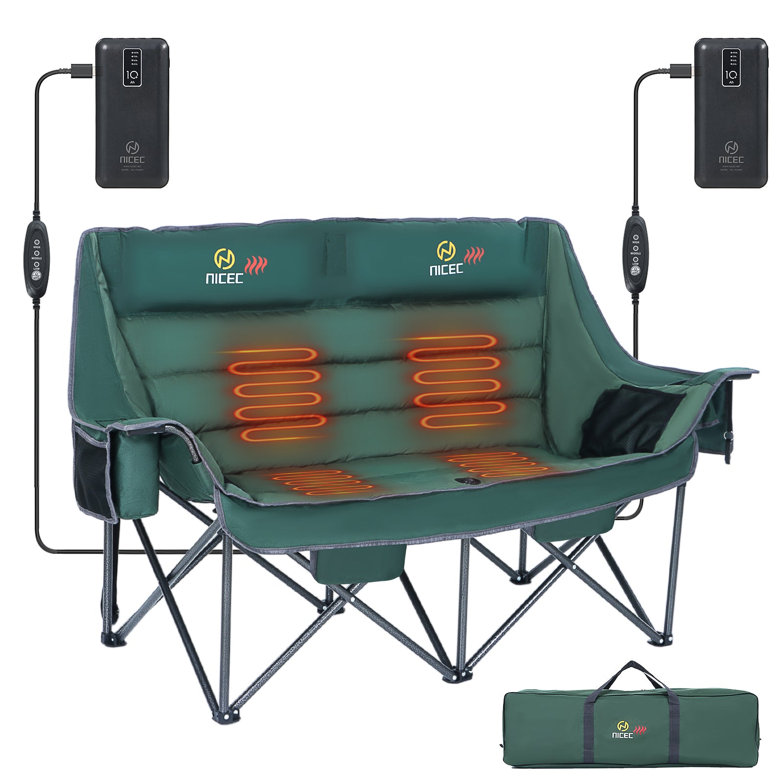Nice C Padded Heated Loveseat Camping Chair for Adults, with Power Bank &amp; Bottle Opener 