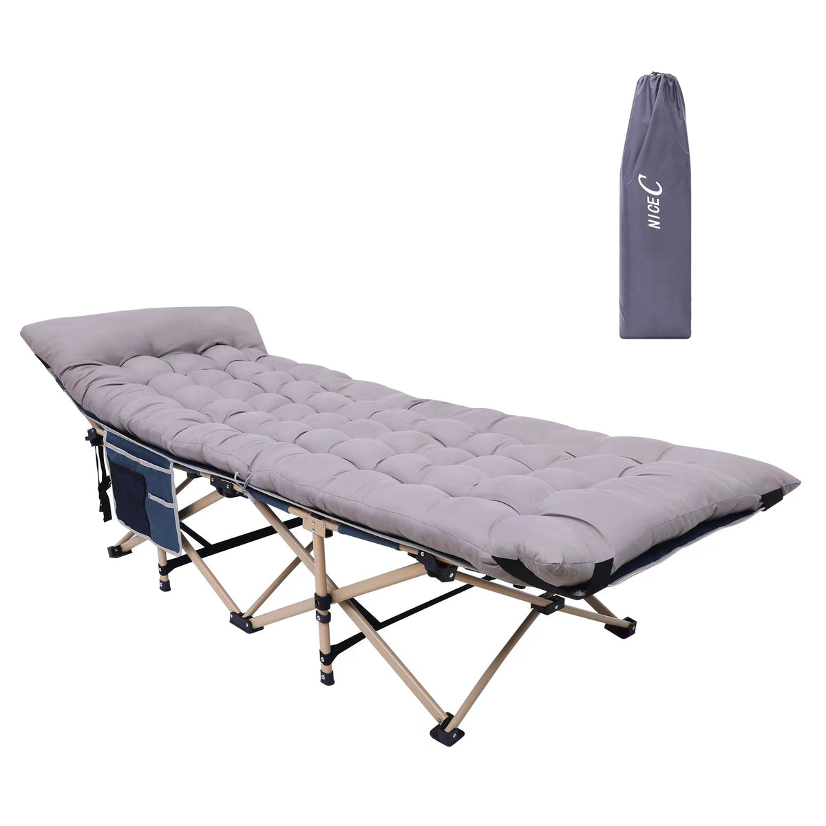 Nice C Camping Cot with Cushion, Folding Cot with Mattress\ Camping Bed with Pillow, Mattress Included, Extra Wide, 500 lb Capacity, Carry Bag, Storage Pocket