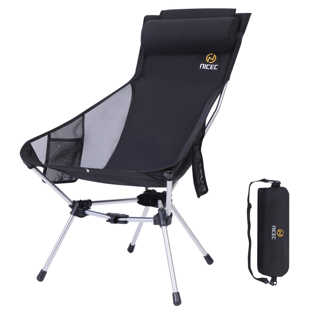 Nice C Ultralight Compact High Back Backpack Camp Chair (1 Black/2 Pack) | Foldable Hiking Chair, Collapsible Chair, Festival Chair, Heavy Duty, Travel, Picnic, Pillow, Carry Bag