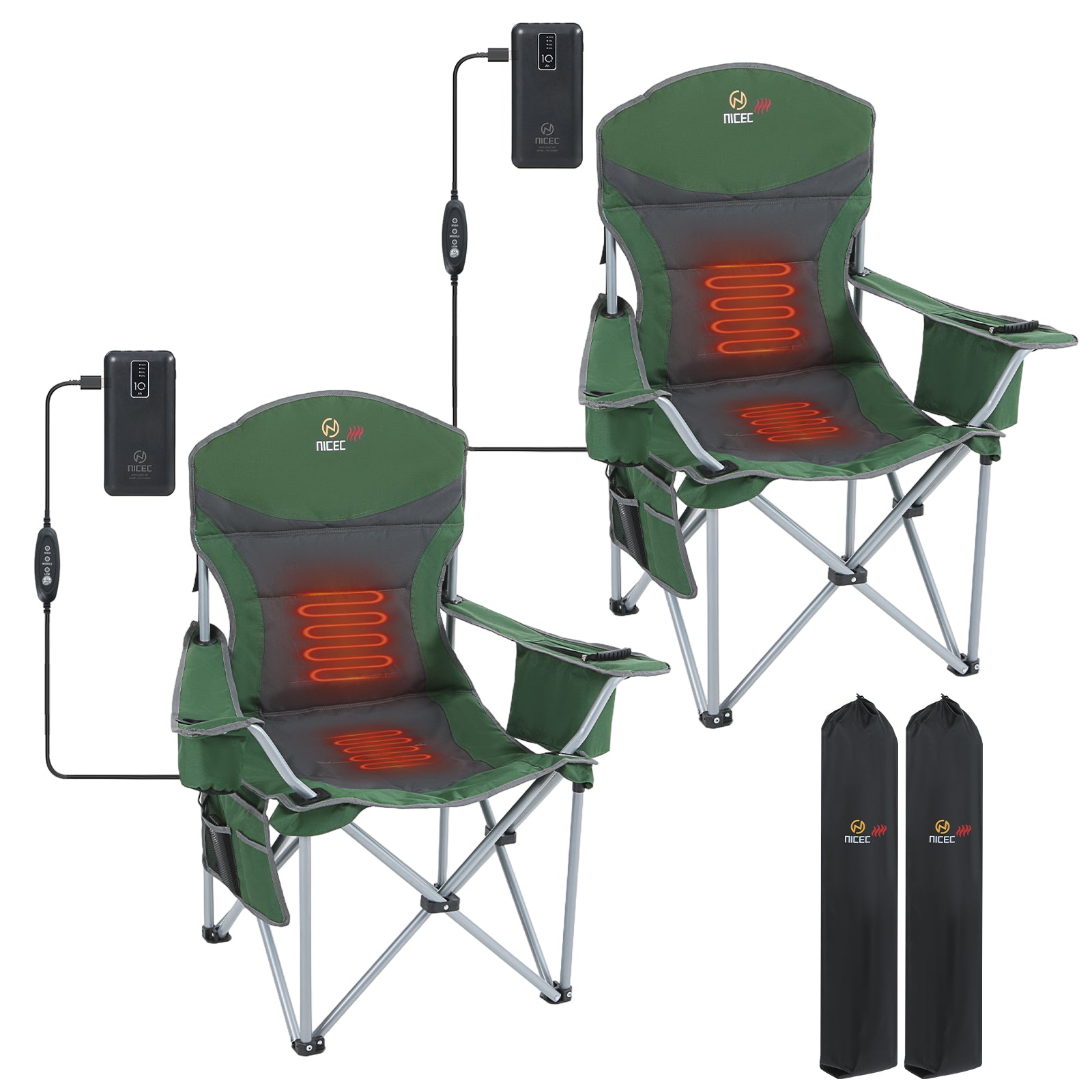 Green &amp; Gray Nice C Heated Camping Chair with Battery, Folding Outdoor Chair with Cooler &amp; Power Bank 