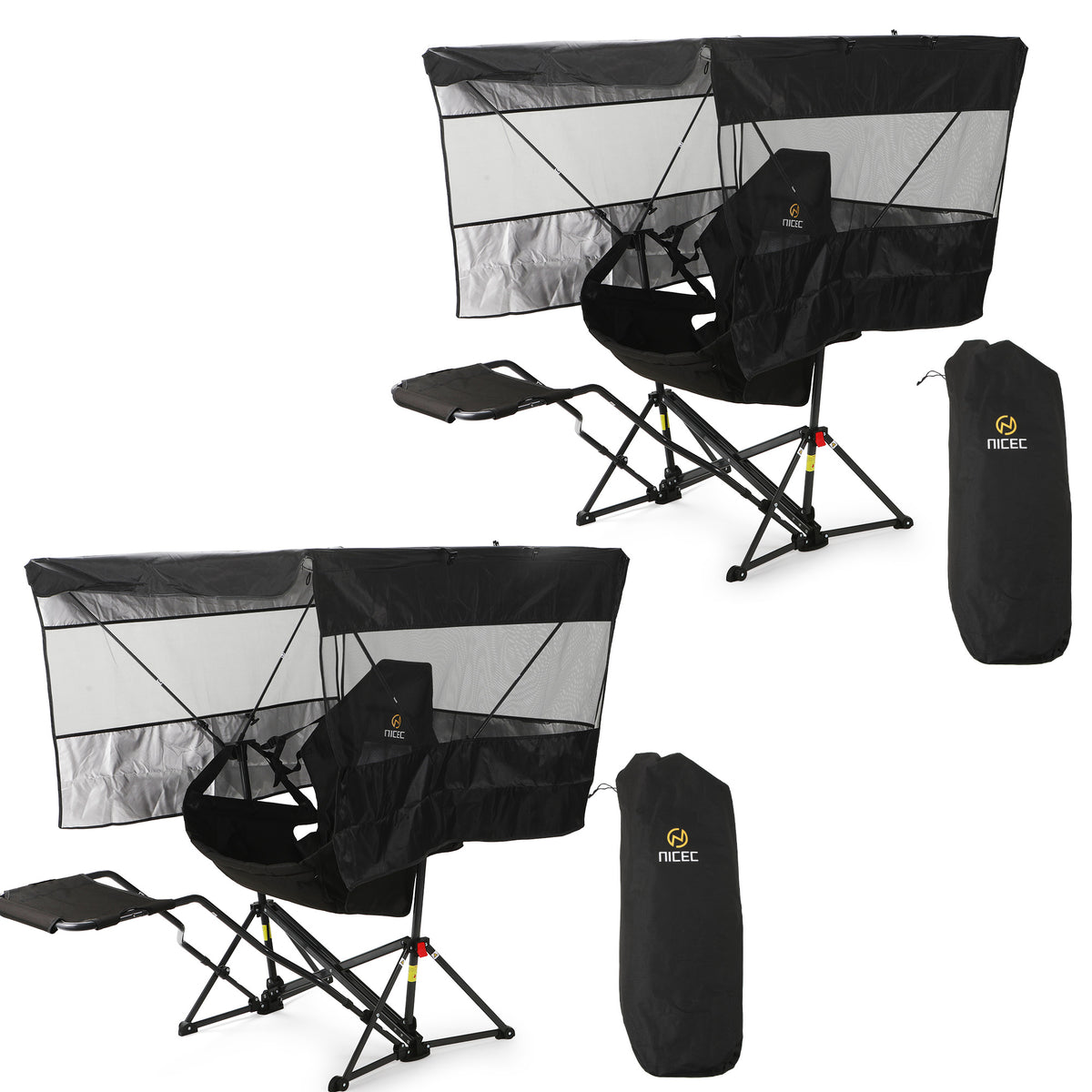 Nice C Hammock Camping Chair with Full-Cover Canopy & Footrest (1 Pack/2 Pack) | Side Shade, Adjustable Reclining Backrest, Folding Design, Removable Roof, Cup Holder, Carry Bag, Camping, Hunting, Fishing