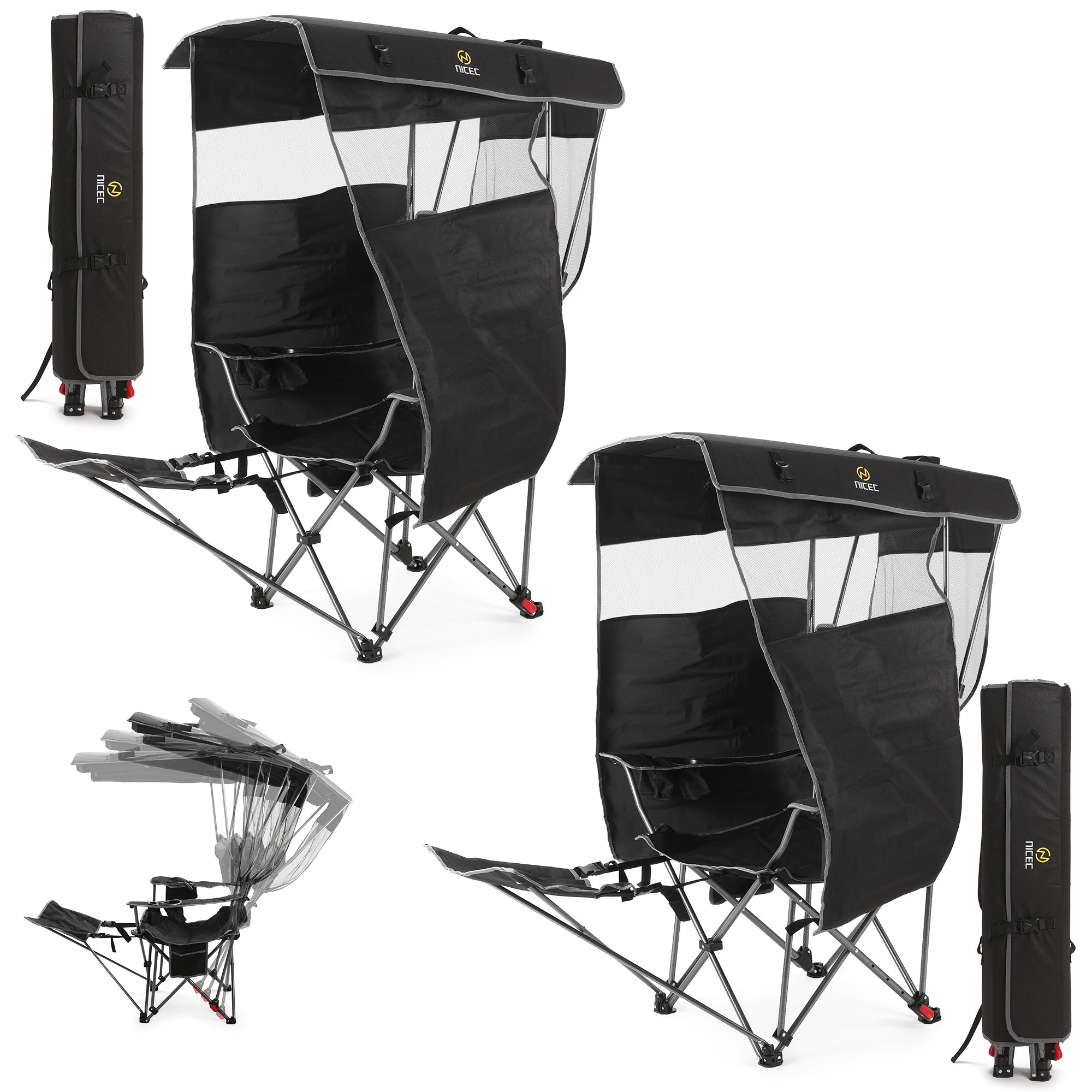 Nice C 4-Position Reclining Canopy Camping Chair with Footrest (1 Pack/2 Pack) | Portable Folding Outdoor Umbrella Chair with Shade, Reclining Chair with Cooler Bag, Cup Holder for Camping, Beach, Sports