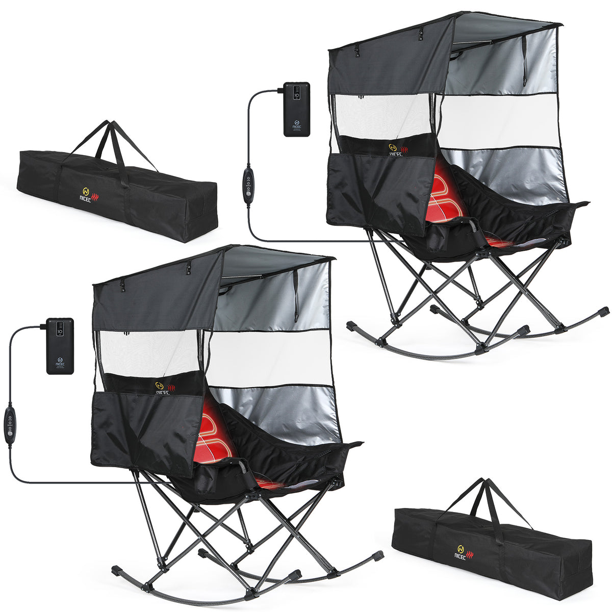 Nice C Heated XL Rocking Camping Chair with Canopy (1 Pack/2 Pck Heating, Black) | Outdoor Chair, Folding Rocker, Umbrella Chair, With Shade, Cup Holder, Cooler Bag, Sports, Patio, Backyard