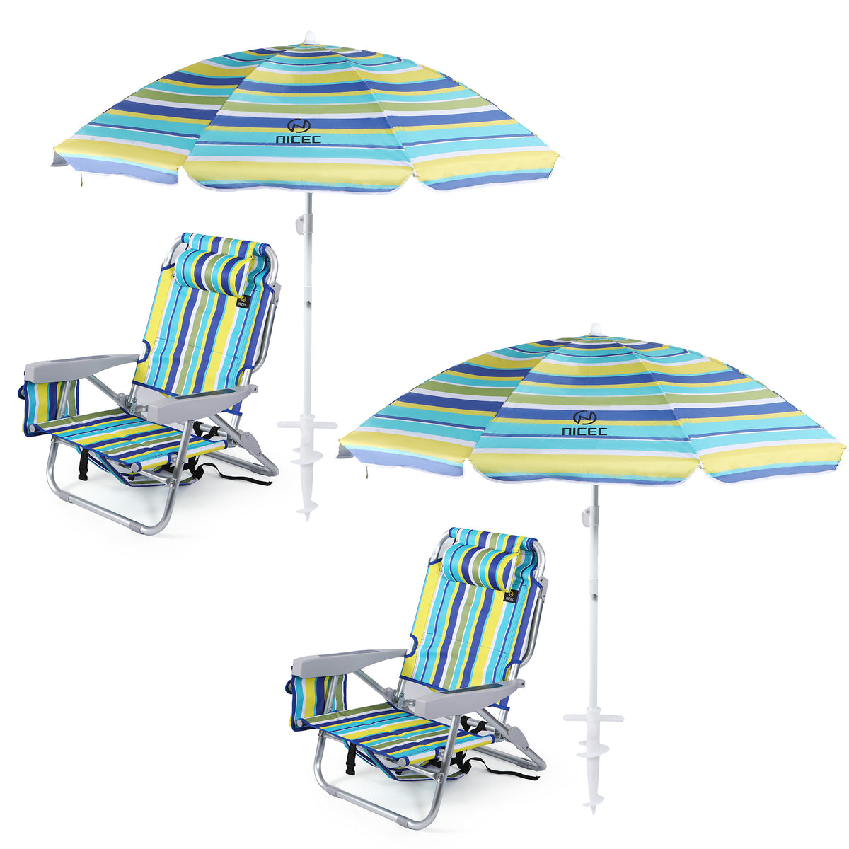 Nice C Backpack Beach Chair with Umbrella, Stripe Sand Lake Chair (1 Pack/2 Pack) | Low Beach Chair, Backpack Beach Chair, Sillas De Playa, High Back, Cooler, Cup Holder, Heavy Duty, Adults