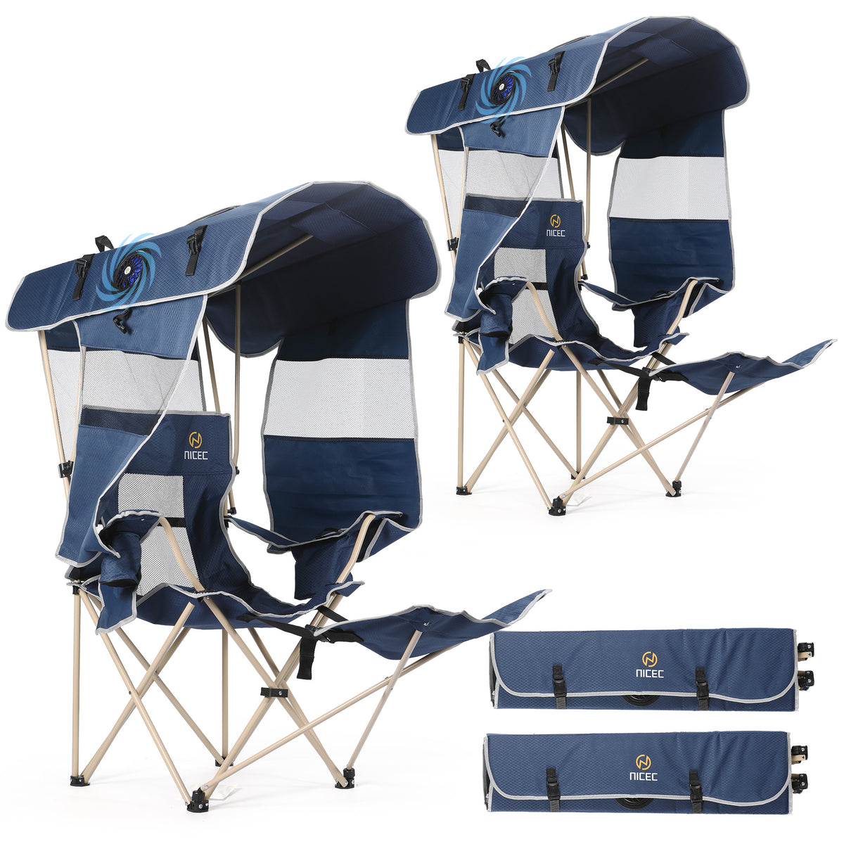 Nice C Canopy Camping Chair with Fan, Folding Umbrella Chair (1 Pack/2 Pack, Blue) | Oversized Chair, USB Powered Cooling Chair, Canopy, Footrest, Side Shade, Outdoor, Camping, Sports, Beach