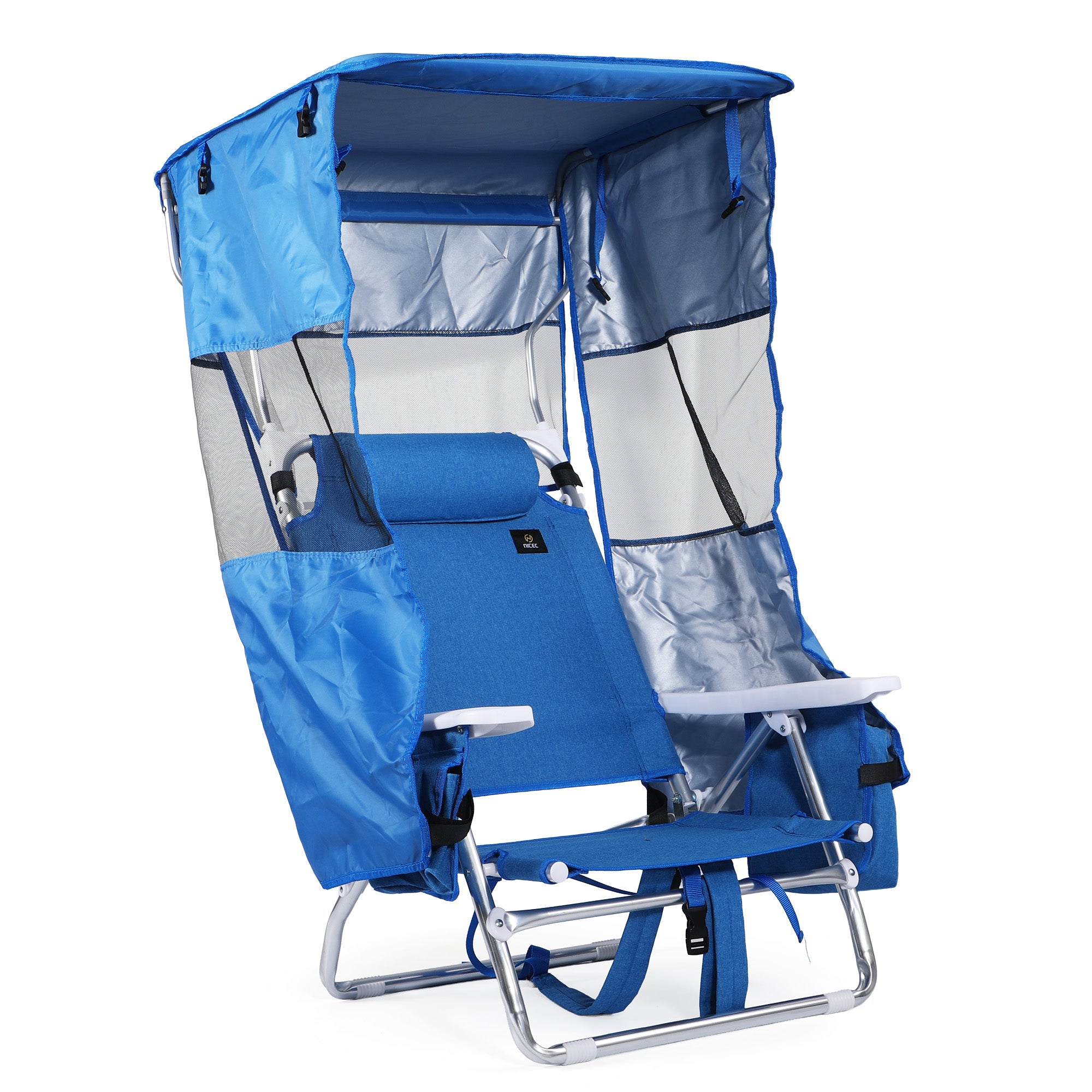 Nice C 5 Position Reclining Backpack Beach Chair with Canopy (Blue, 1 Pack/2 Pack) | Folding Beach Chair, Headrest, Cooler Pocket, Cup Holder, Lightweight, Fishing, Travel