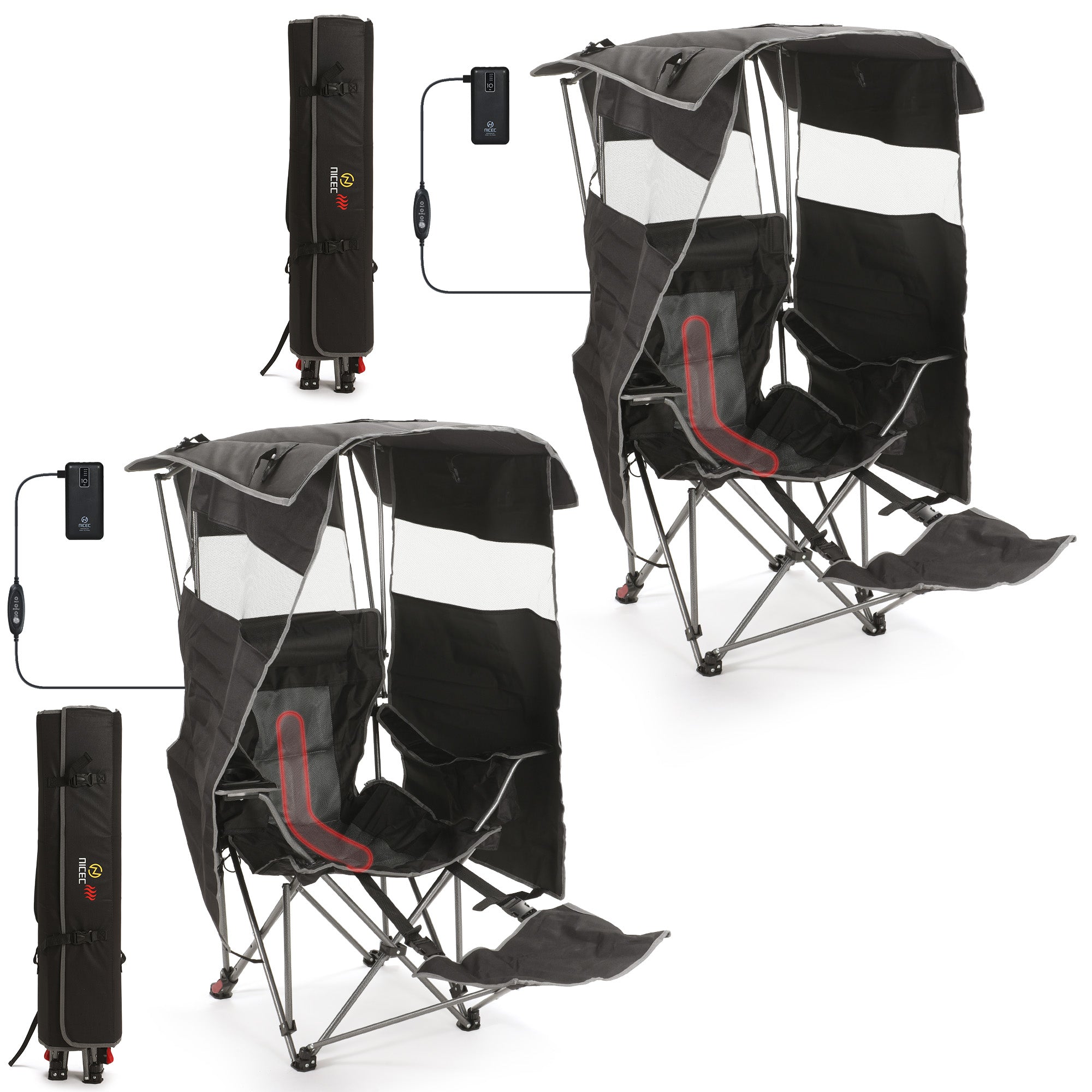 Nice C Heated 4-Position Reclining Canopy Umbrella Camping Chair (1 Pack/2 Pack) | Folding Chair, With Adjustable Shade, Backrest, Footrest, Cooler Bag, Cup Holder, for Camping, Beach, Sports