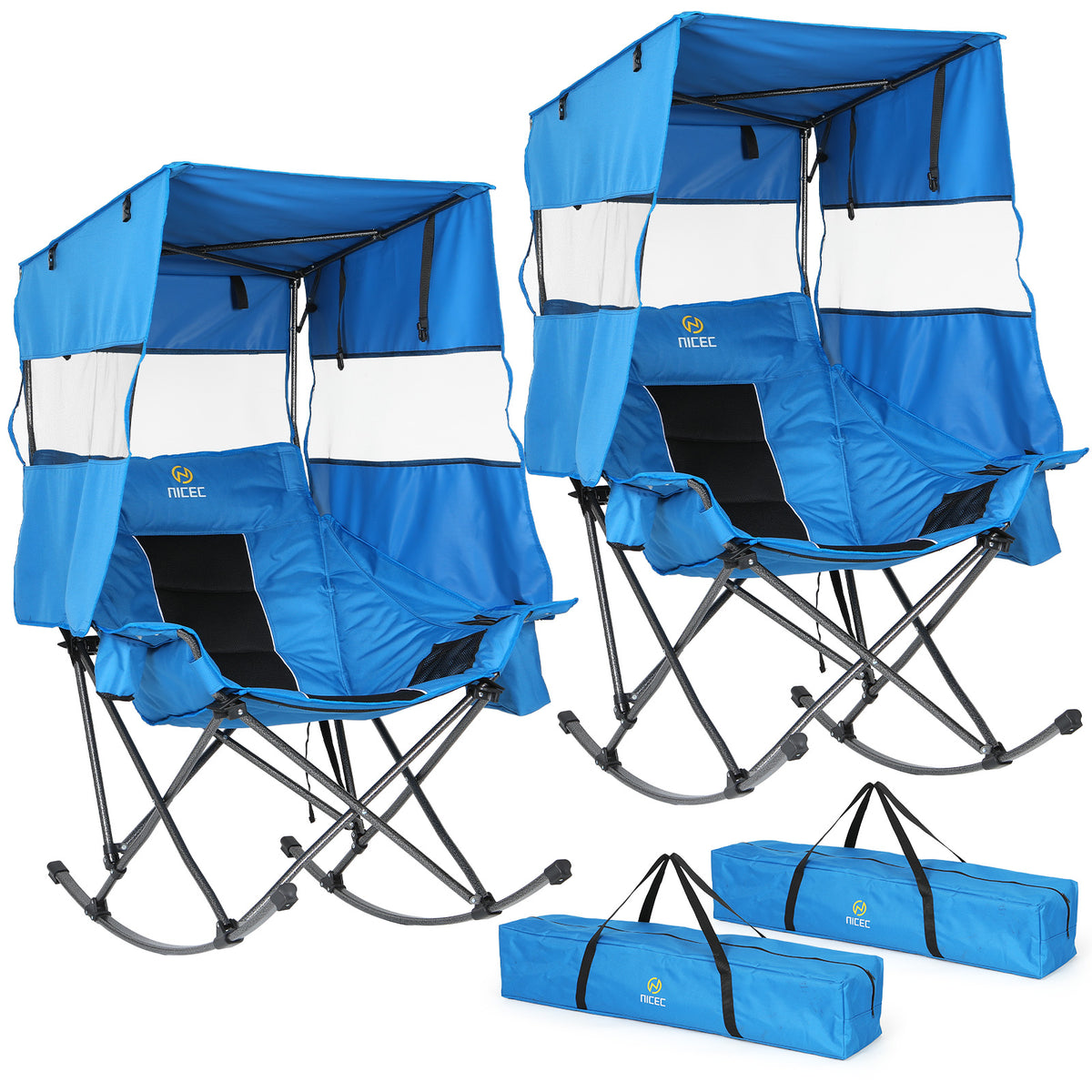 Nice C XL Rocking Camping Chair with Canopy, Folding Rocker (1 Pack/2Pack) | Oversized Outdoor Chair, Umbrella Chair, With Shade, Cup Holder, Cooler Bag, Carry Bag, Sports, Patio, Backyard