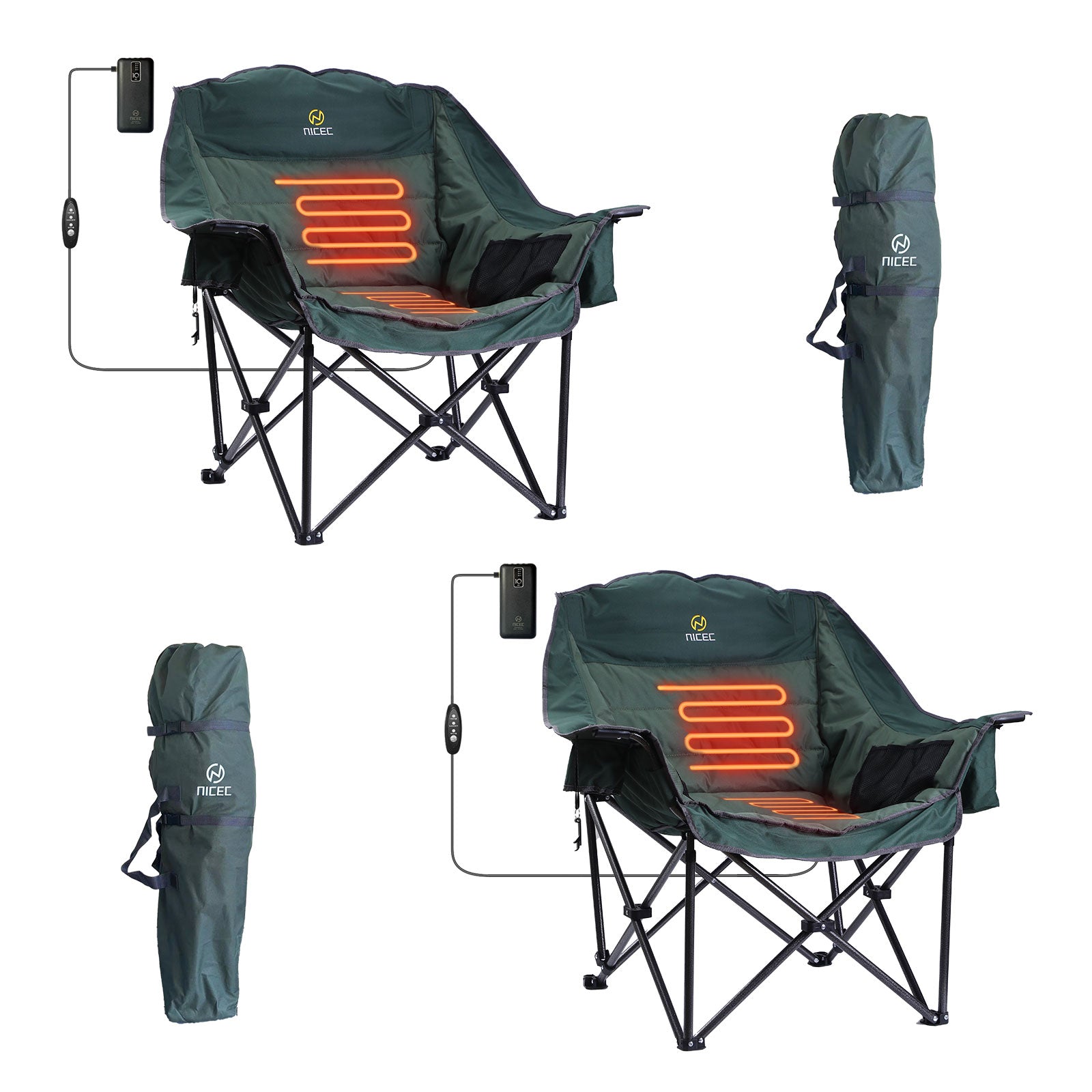 Nice C Heated XL Padded Camping Chair with Battery &amp; Cooler Bag 