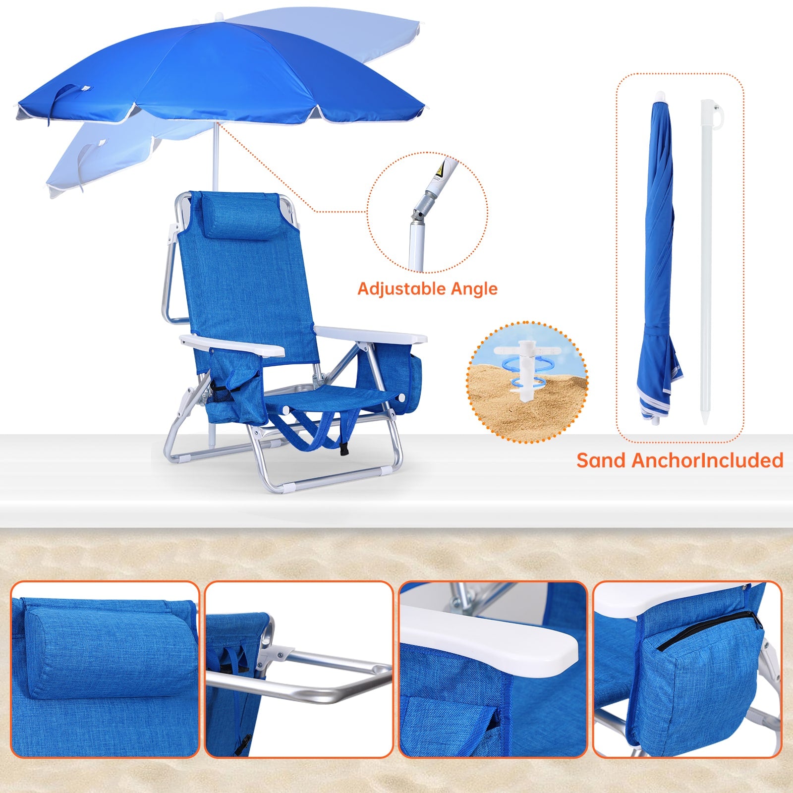 Nice C Beach Chair with Umbrella &amp; Cooler, 5-Position Reclining Backpack Chair for Adults