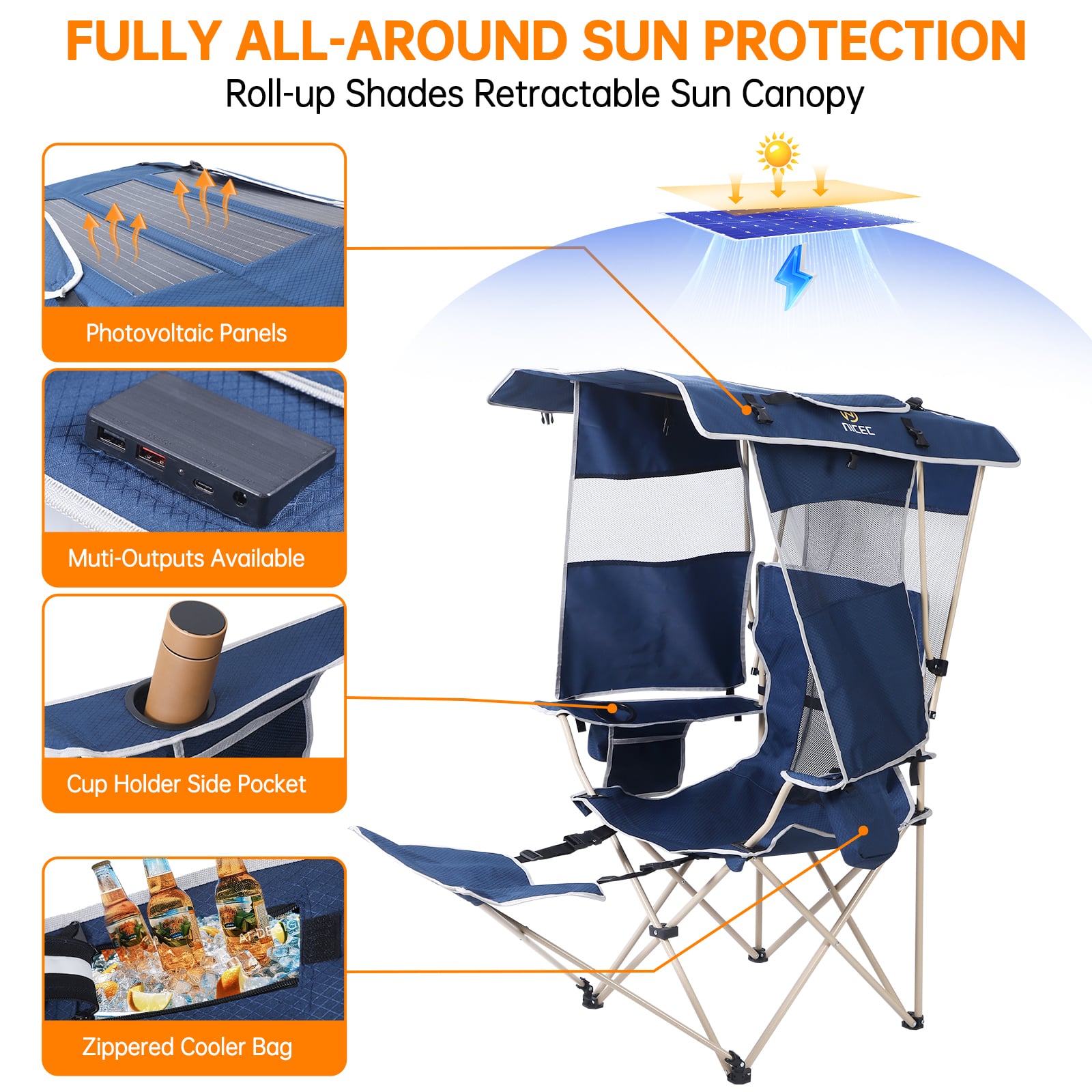 Nice C Chair with Canopy, Solar USB Charging, Removable Footrest &amp; Cooler Bag 