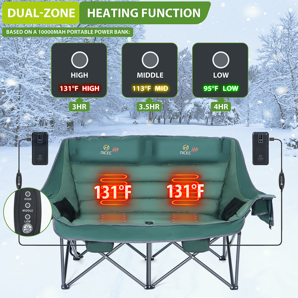 Nice C Padded Heated Loveseat Camping Chair for Adults, with Power Bank &amp; Bottle Opener 