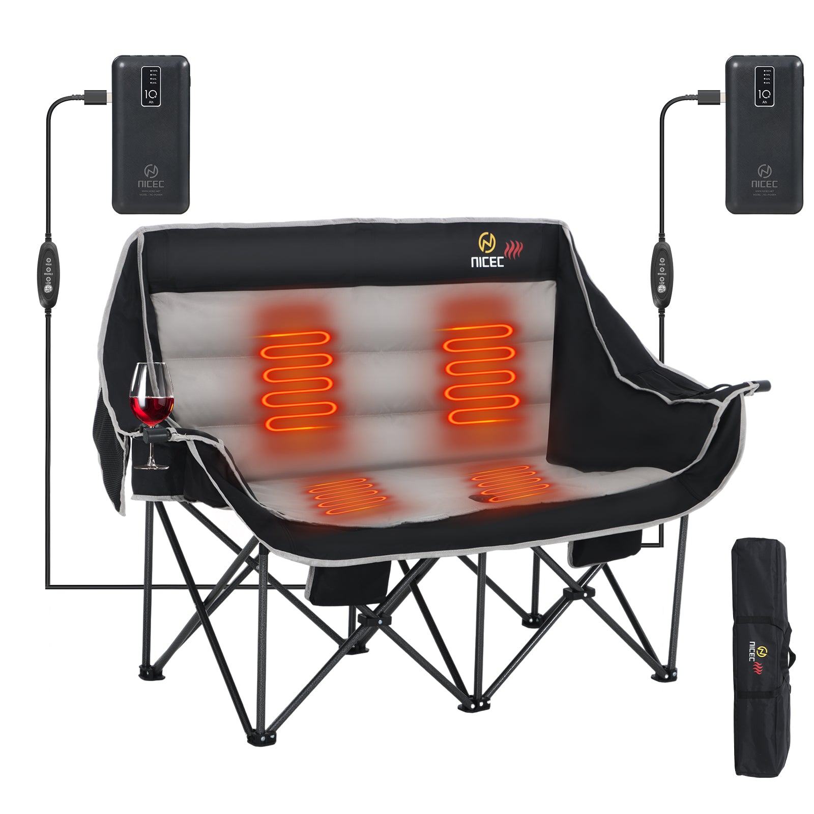 Nice C Heated Double Camping Couch, Padded Loveseat with 2 Rechargeable Power Banks 
