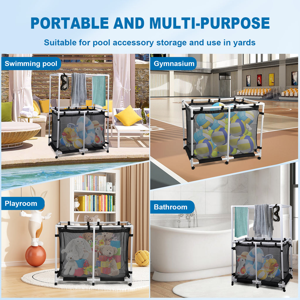 Nice C 142/214 Gallon Pool Storage with Top Rack, Pool Noodle Holder, Pool Caddy Organizer | 48.4" Pool Float Storage, Waterproof Rolling Pool Organizer, Outdoor Mesh Storage Bin for Pool Floats, Toys, and Pool Accessories