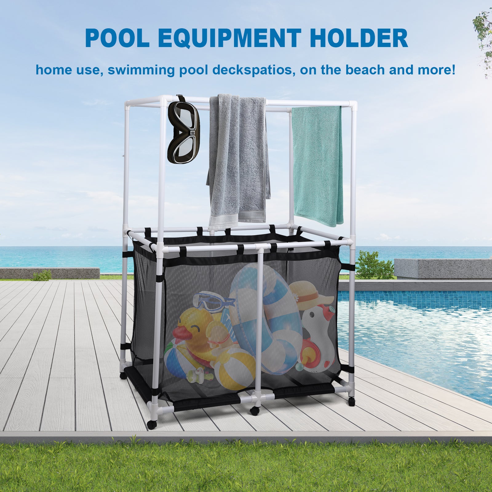 Nice C 142/214 Gallon Pool Storage with Top Rack, Pool Noodle Holder, Pool Caddy Organizer | 48.4" Pool Float Storage, Waterproof Rolling Pool Organizer, Outdoor Mesh Storage Bin for Pool Floats, Toys, and Pool Accessories