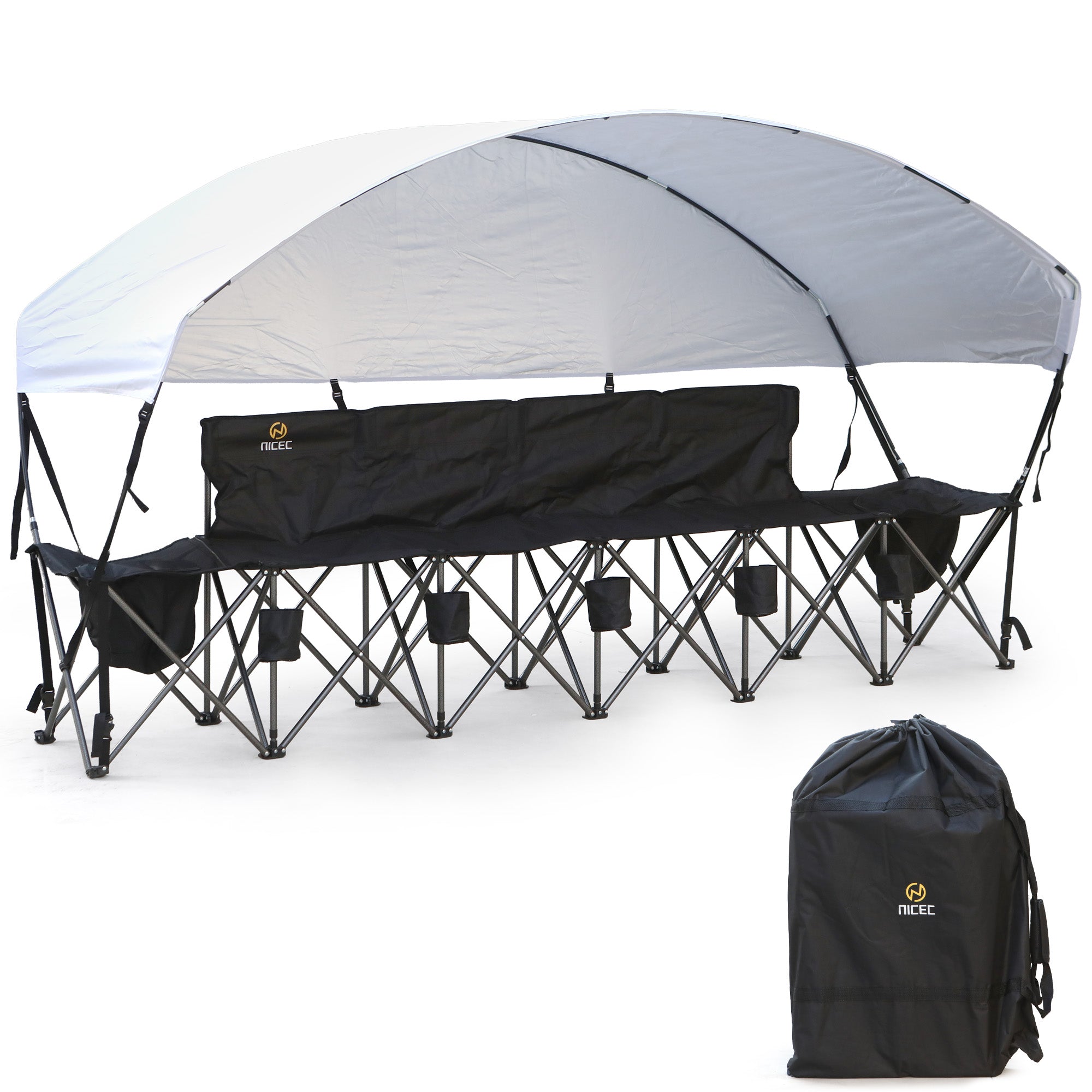 Nice C 4/6/8 Seat Folding Team Bench with Canopy & Cooler (Black) | Sun Shade, Portable Soccer Bench, Canopy Chair, Cup Holders, Cooler Bag, Soccer, Football, Basketball, Camping, Events