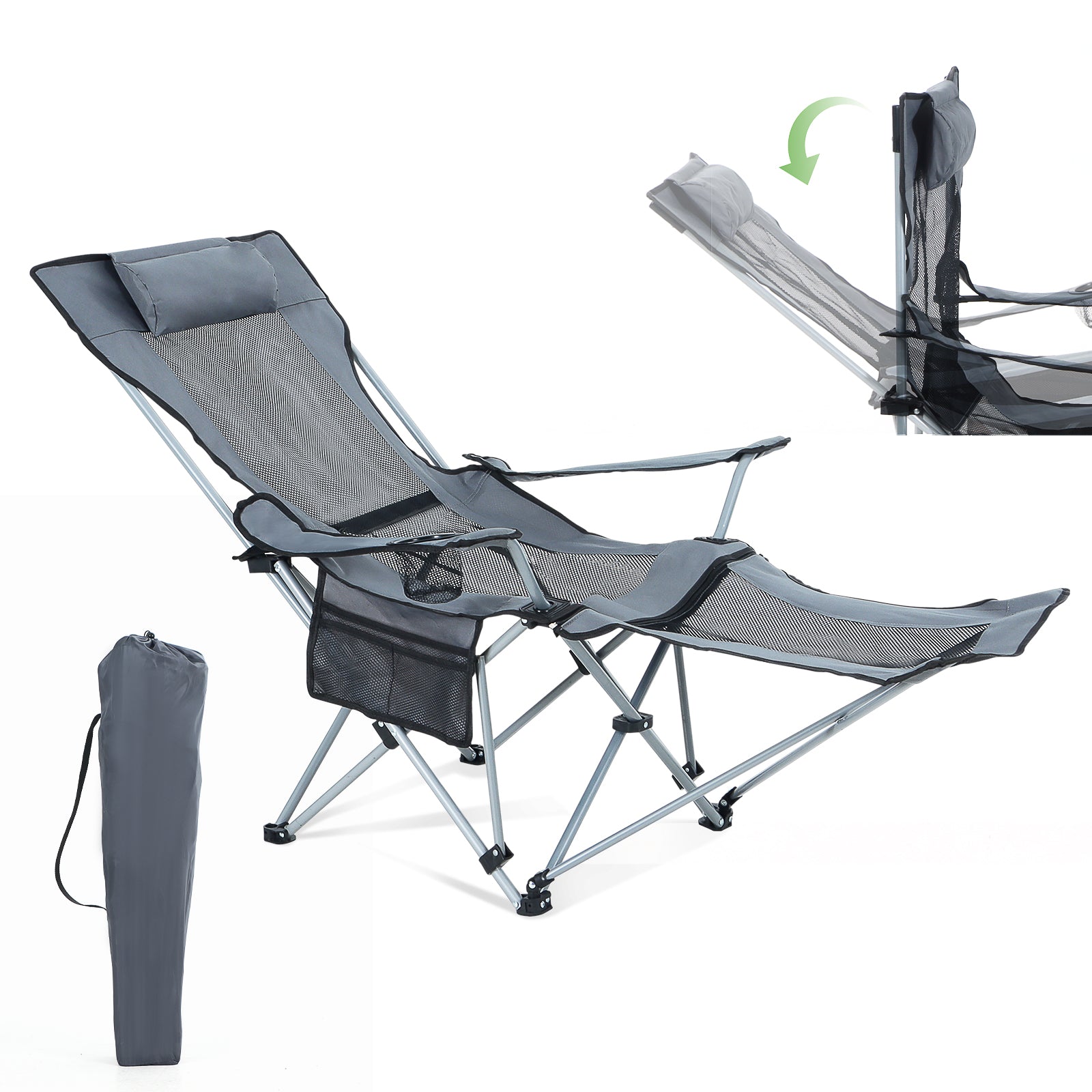 Nice C Adjustable Camping Recliner Chair with Footrest, Headrest &amp; Cup Holder 