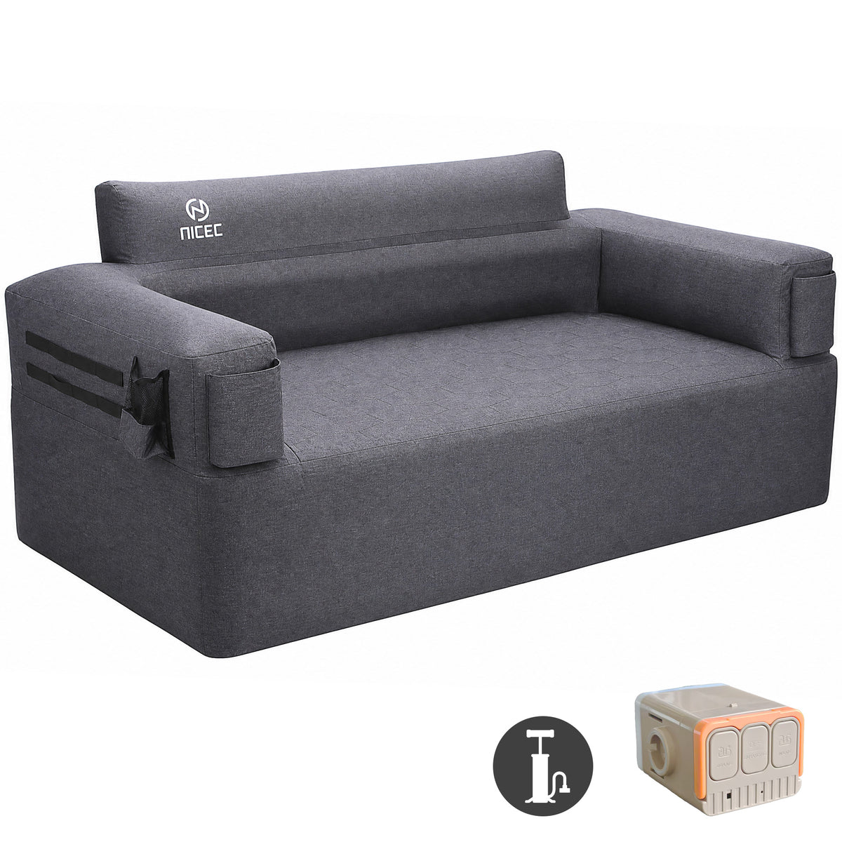 Nice C Inflatable Blow Up Camping Couch with Built-in Pump (1/2 Person) | Portable Inflatable Sofa, Built-in Electric Pump, Cup Holder, Storage Pocket, MOLLE Straps, Camping, Outdoor Lounger, Adults