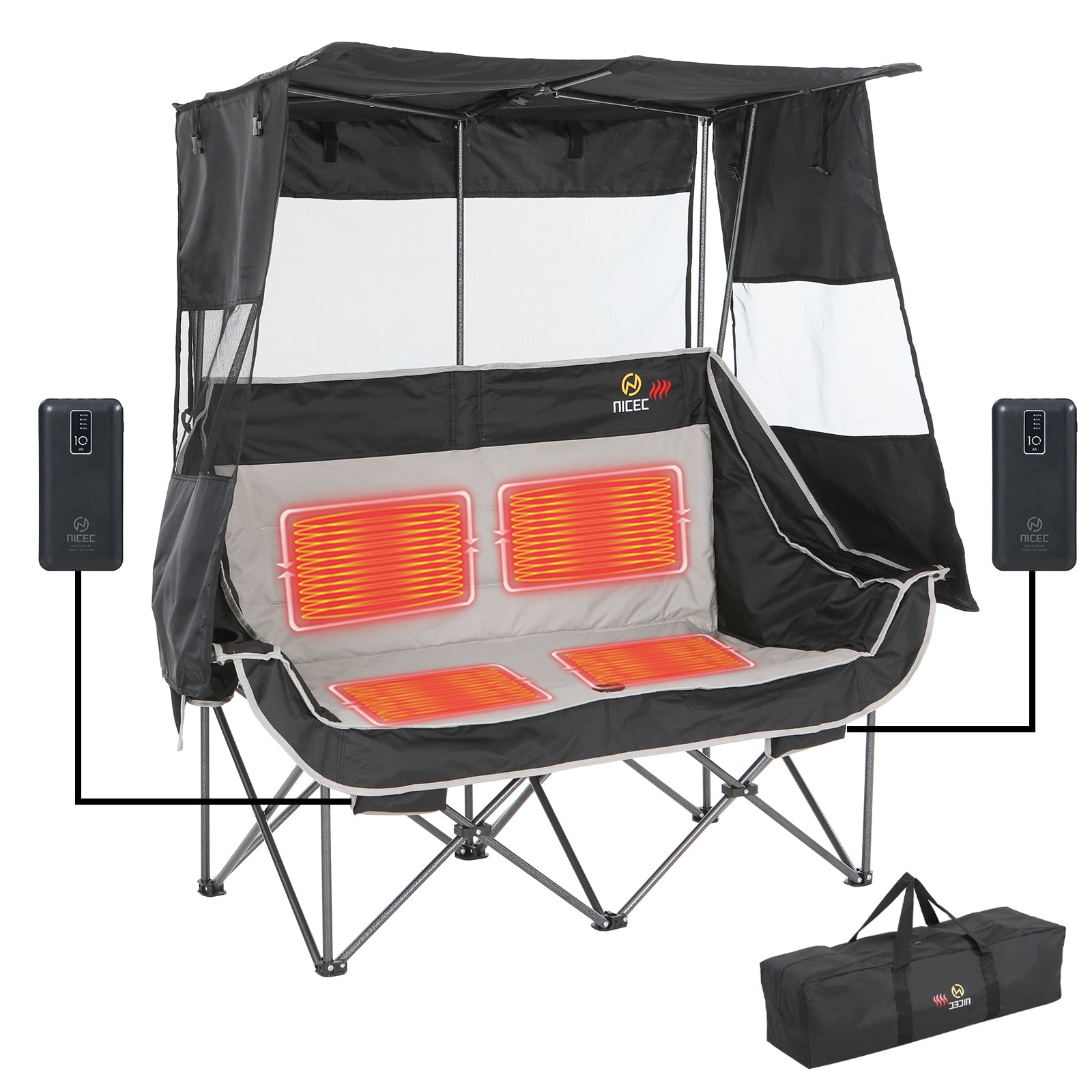 Nice C Double Heated Camping Loveseat – Folding Chair with Canopy, Battery, Cup Holder &amp; Cooler 