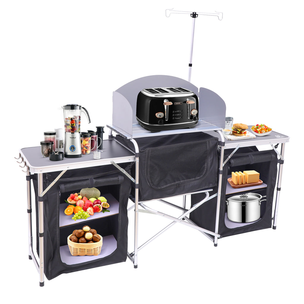Nice C Camping Kitchen Table, Folding Cook Table, Cook Station (Silver) | Portable Grill Table, Upgraded Light Stand, Windshield, 3 Organizers, Carry Bag, Grill, Outdoor, Beach, BBQ, Picnic, Cooking