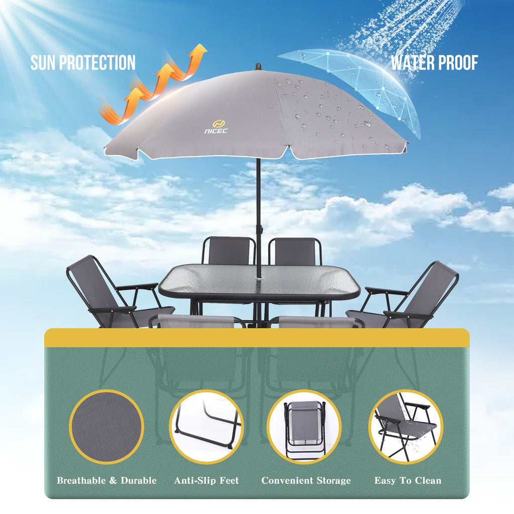 Nice C Outdoor Dining Sets, Patio Furniture Set, 8 Piece Set with Umbrella, Garden Outdoor Furniture Table Set with Removable Umbrella, Glass Table, and 6 Folding Chairs (Grey)
