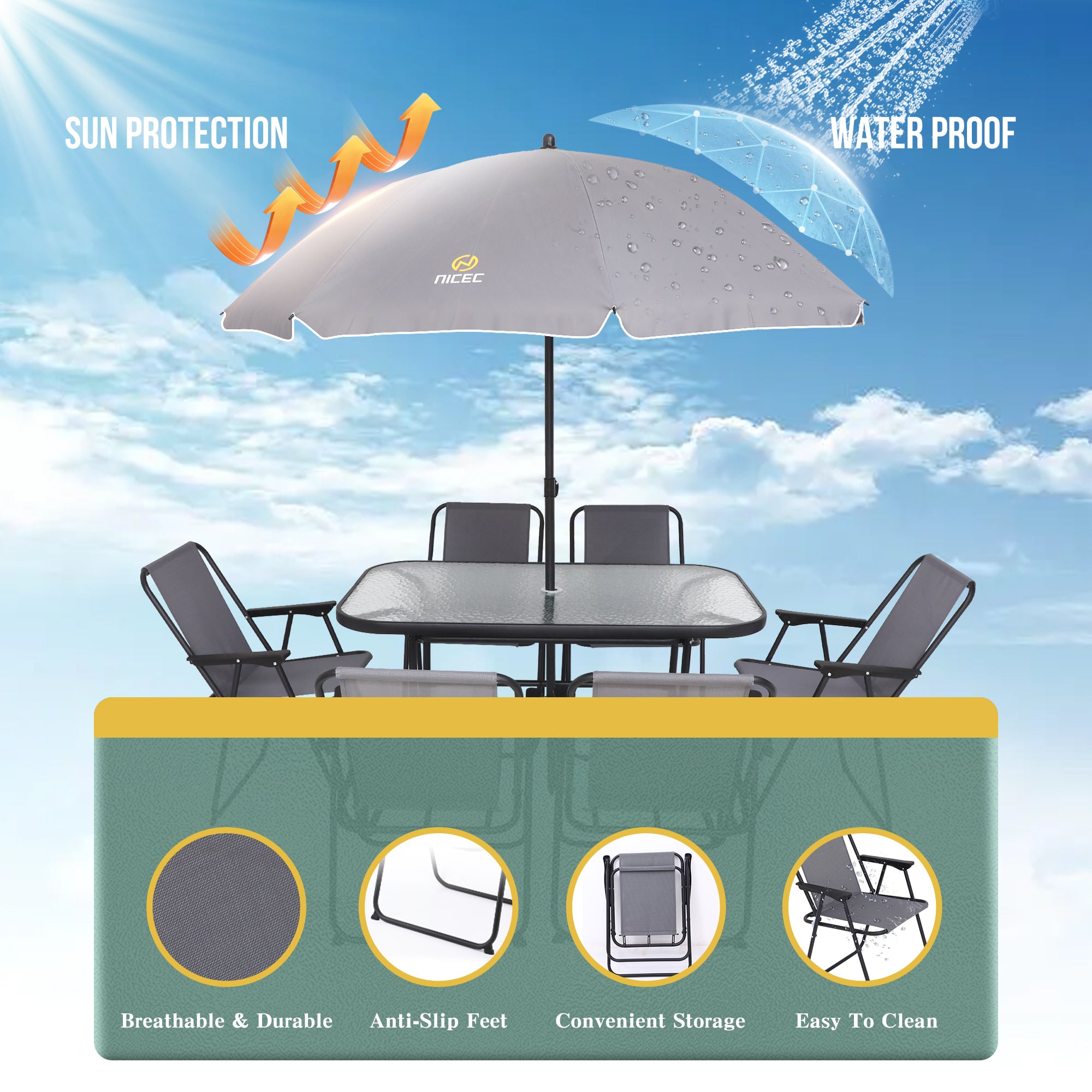 Nice C Outdoor Dining Sets, Patio Furniture Set, 8 Piece Set with Umbrella, Garden Outdoor Furniture Table Set with Removable Umbrella, Glass Table, and 6 Folding Chairs (Grey)