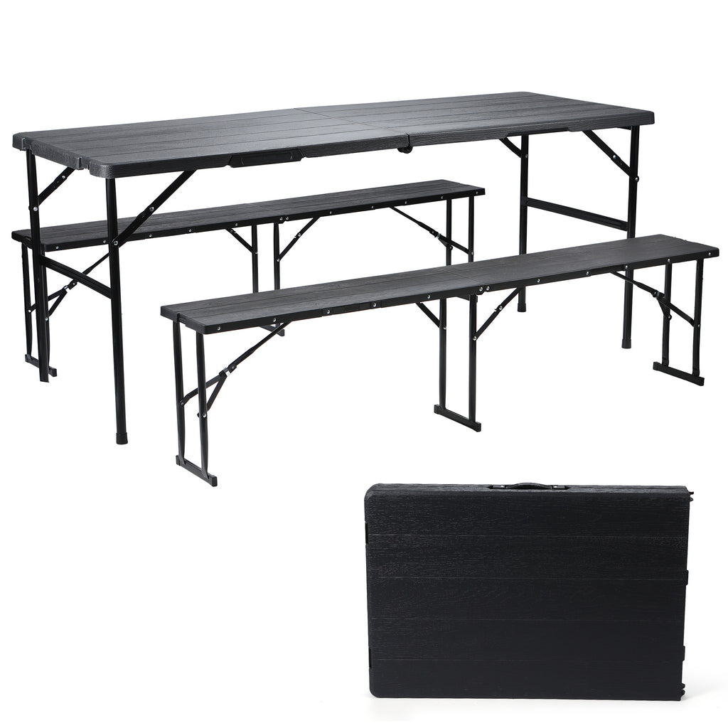 Nice C 6FT Folding Portable Picnic Table Set with 2 Benches (3 PC Black/White) | Plastic Table & Bench Set, Table With Chairs, Wood Grain Surface, Foldable, Indoor, Outdoor, Camping, Patio, Backyard, Picnic