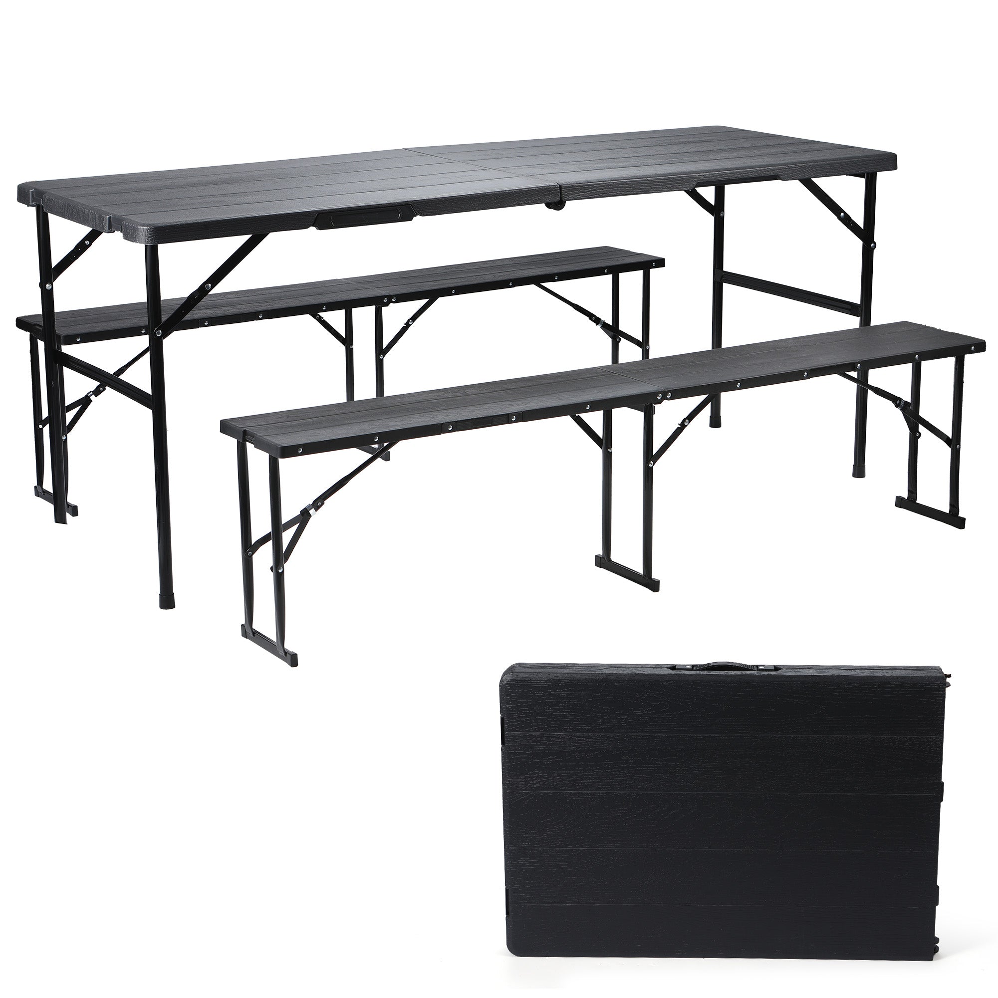 Nice C 6FT Folding Portable Picnic Table Set with 2 Benches (3 PC Black/White) | Plastic Table & Bench Set, Table With Chairs, Wood Grain Surface, Foldable, Indoor, Outdoor, Camping, Patio, Backyard, Picnic