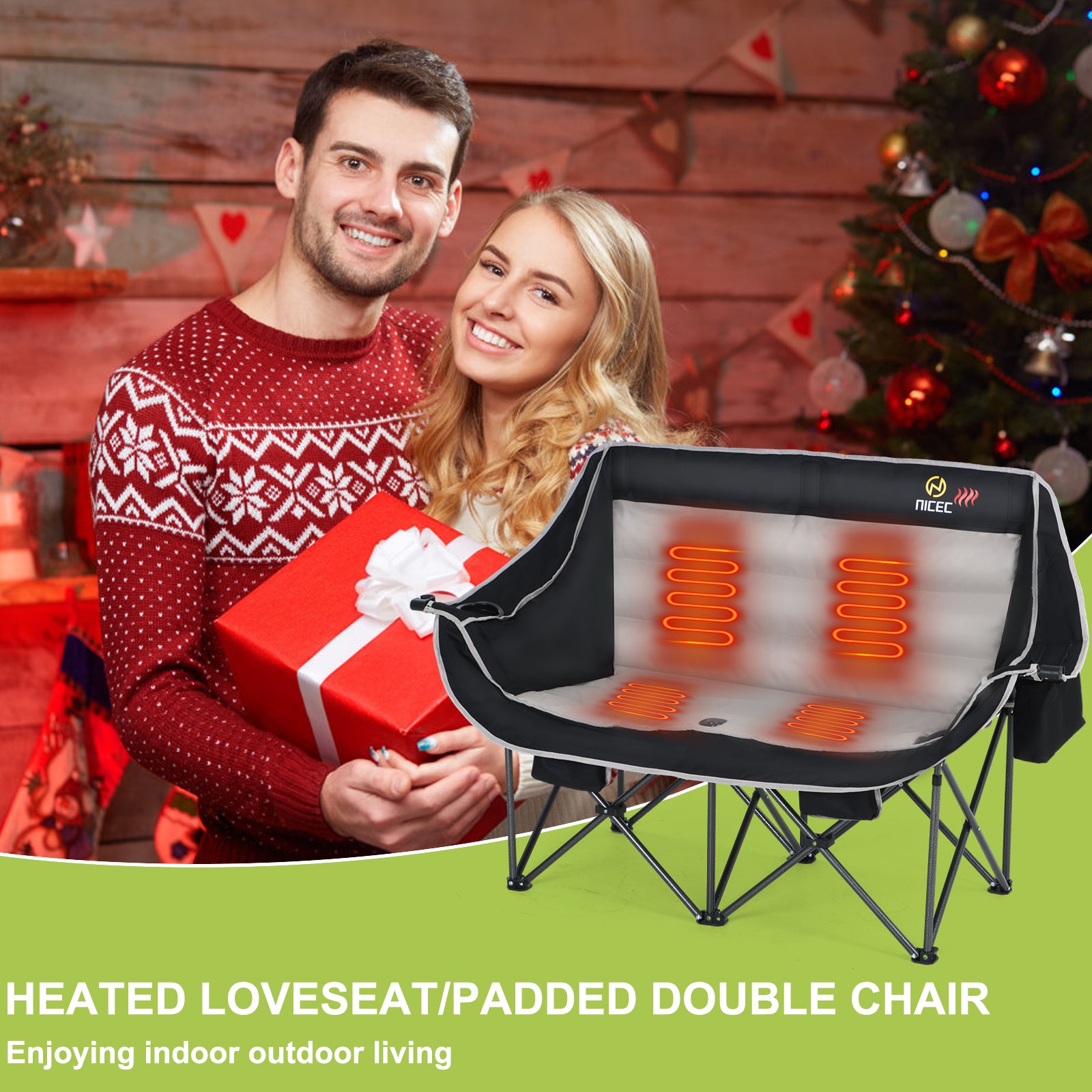 Nice C Heated Double Camping Couch, Padded Loveseat with 2 Rechargeable Power Banks 